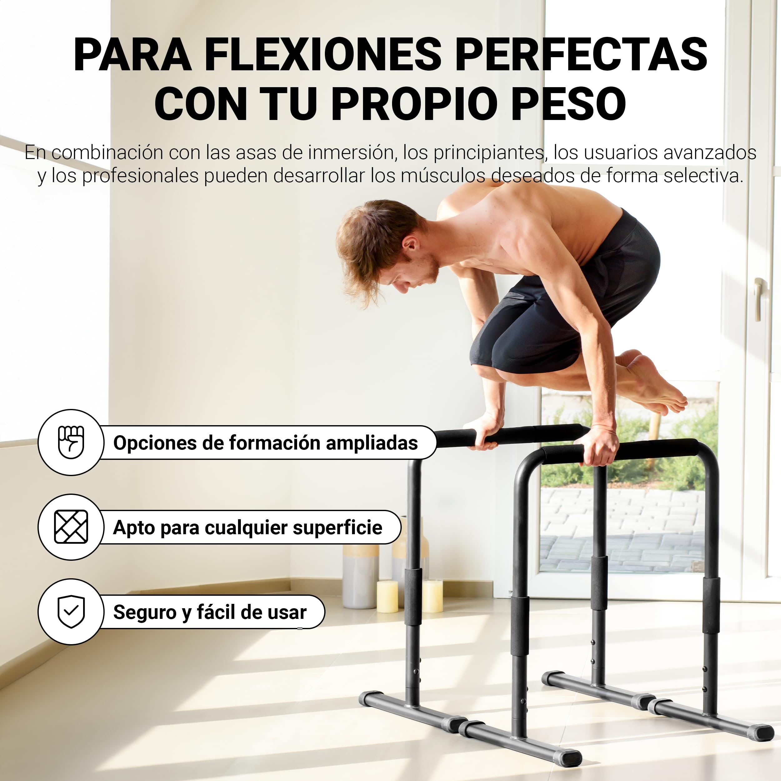 Barras de flexiones Gimnasio Paralelas Premium (par) 80x65 cm | Barra de soporte Push Up I Estación de flexiones I Soporte de gimnasia, flexiones