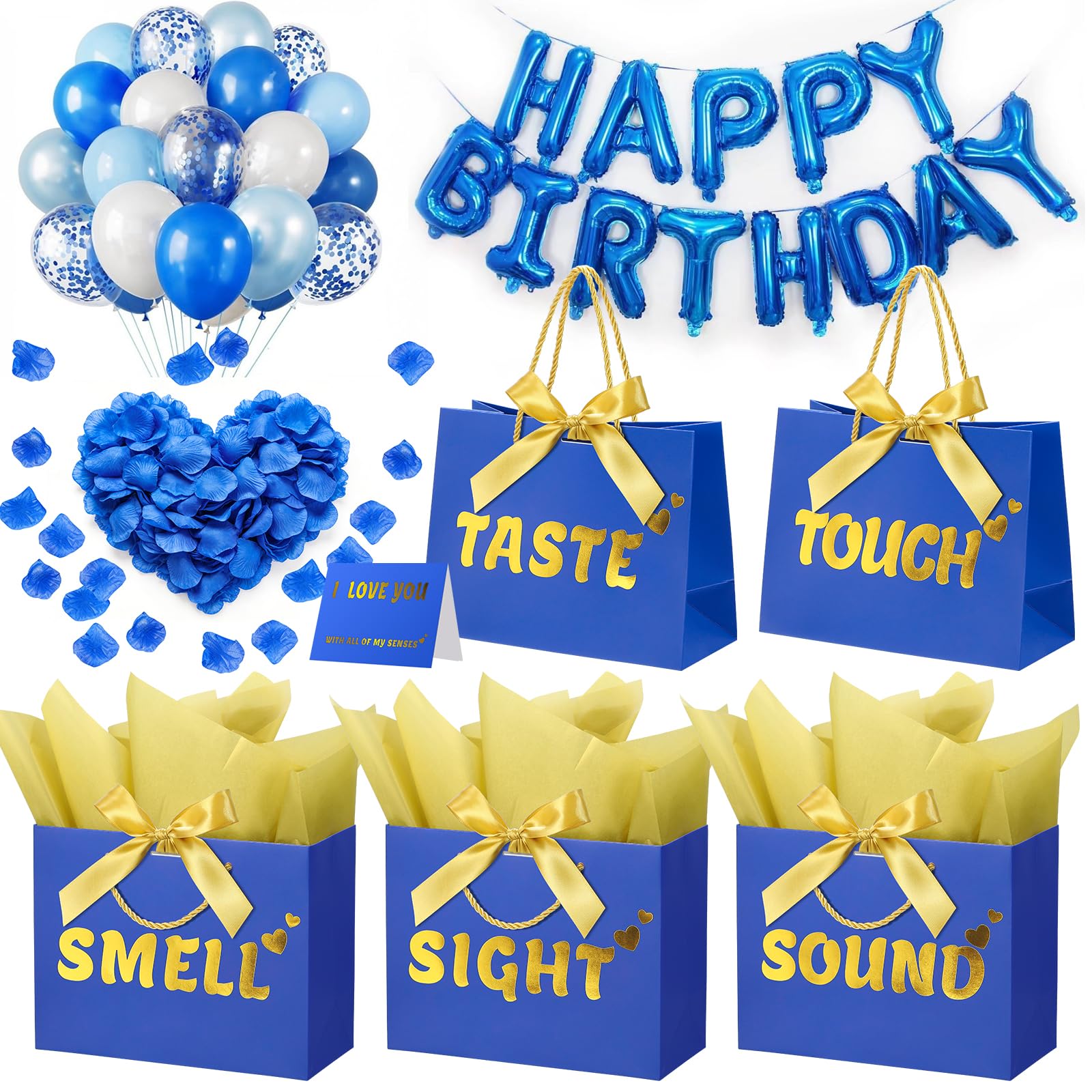 5 Senses Gift Bags for Him with Labels, 9"x4"x7" Gift Bag Tissue Paper Bow Ribbon Happy Birthday Decorations Kit with Banner, Balloons, Rose Petals, Card for Men, Women, Wedding, Valentine's Day