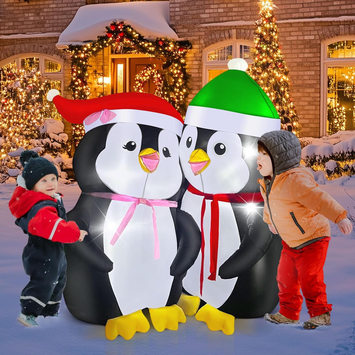 Christmas Inflatables Outdoor Decorations, with Rotating Colored Light+LED Lights, Large Blow Up Yard Decor,Christmas Party Outdoor, Yard, Garden, Lawn Winter (5FT Lovers Penguins)