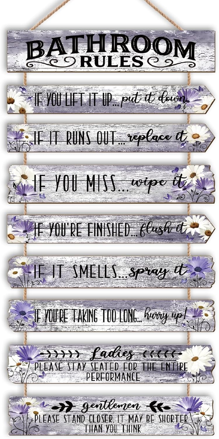 Bathroom Wall Decor Funny Bathroom Signs Bathroom Rules Pictures Wall Art Decor Rustic Farmhouse Toilet Decor Wooden Sign (Brown)