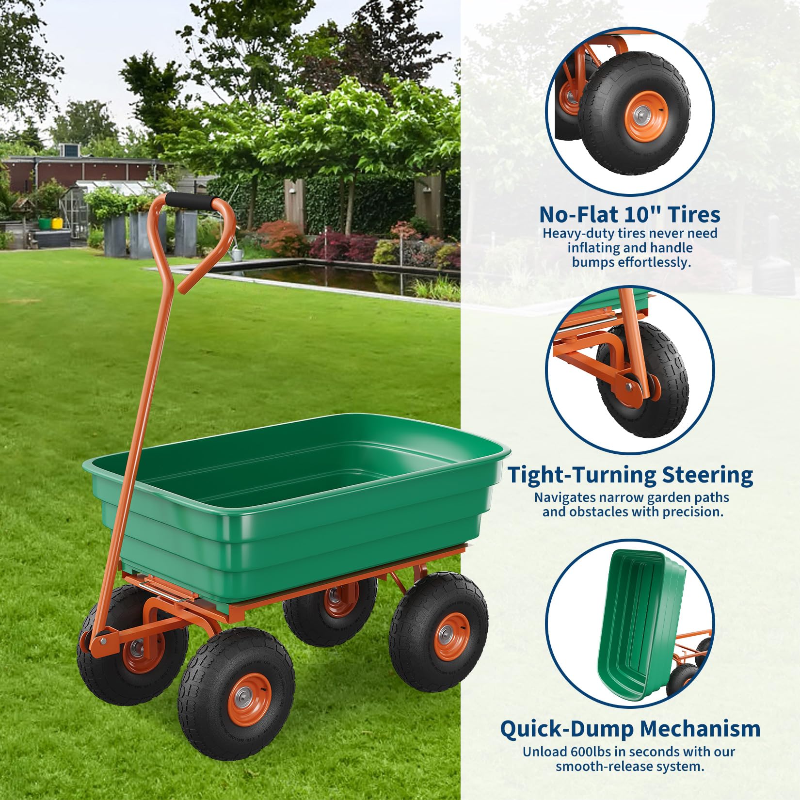 Gartenwagen 544 kg Tragkraft, Transportwagen mit Kippfunktion | 13 Zoll No-Flat Reifen, 198L PP-Kippmulde, 180° Verstellbarer Griff, Mehrzweck Schubkarre Für Outdoor, Pflanzen & Holzscheite