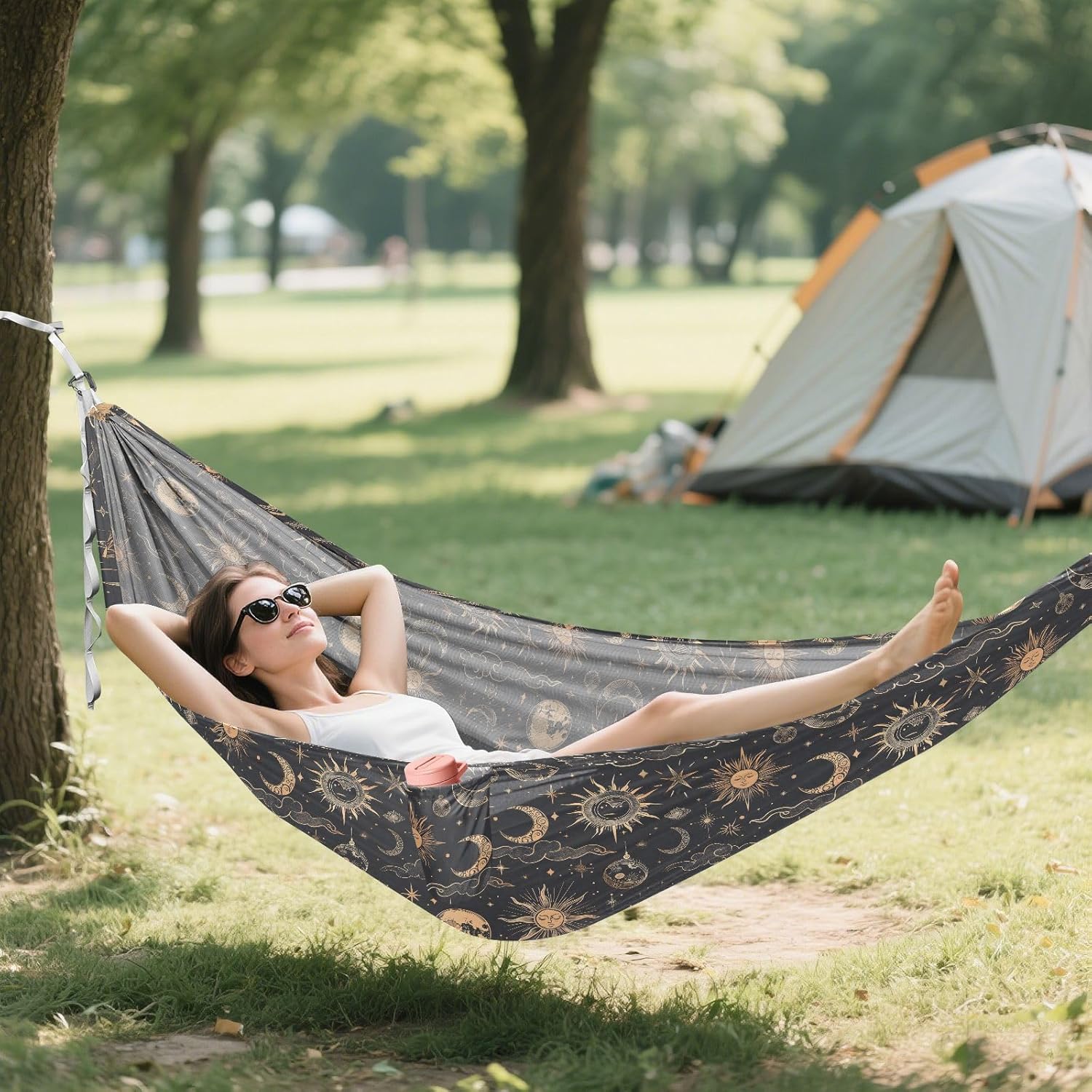 ALAZA Sun Crescent Moon Cloud Camping Hammocks Single or 2 Person 500 lbs Portable Parachute Travel Hammock w/Tree Straps for Hiking Backpacking Indoor Outdoor