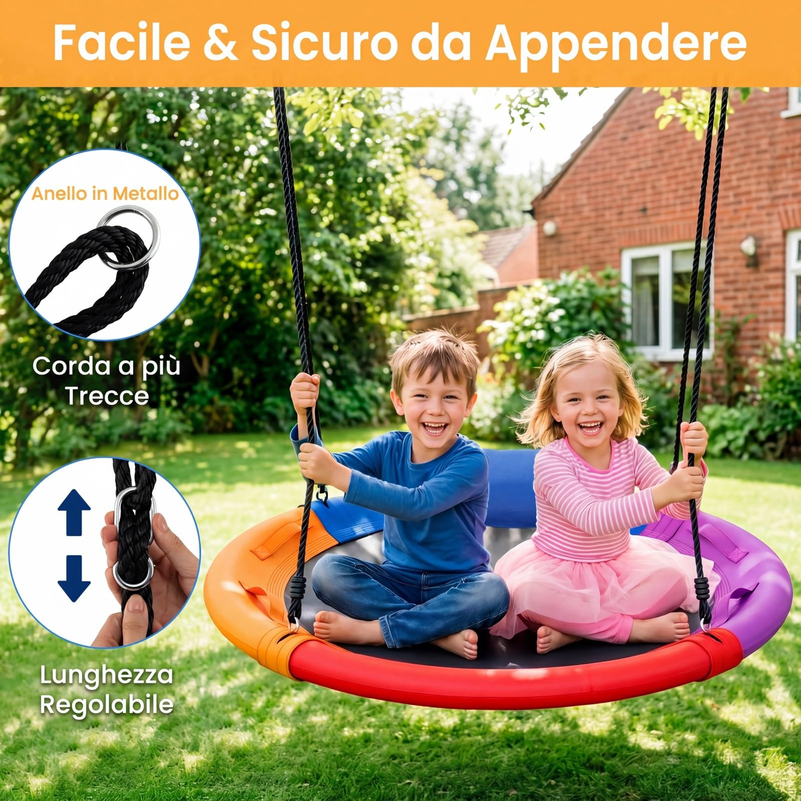 COSTWAY Altalena da Giardino per Bambini 120 cm, Sedia Sospesa Giardino con Telaio in Metallo, Poggiatesta Rimovibile, Lunghezza Regolabile, Portata 150 kg, per Cortile Giardino
