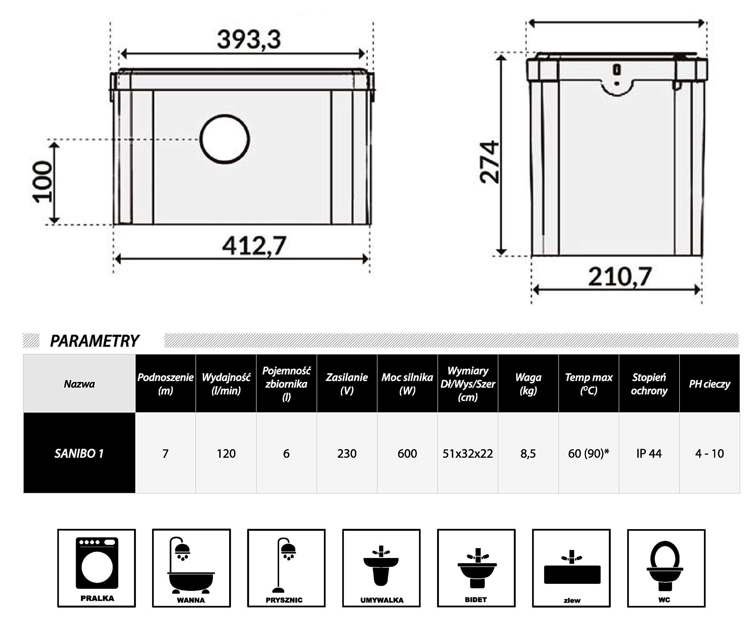 Sanibo1 - Pompa WC completamente automatica per lo scarico delle acque reflue dal WC
