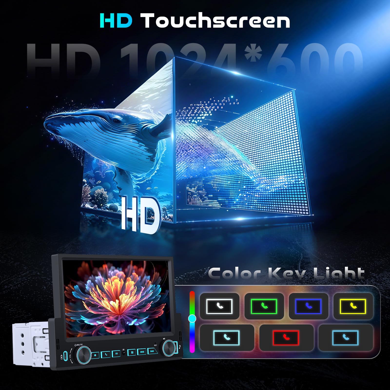 Hodozzy Autoradio 1 Din avec CarPlay Android Auto sans Fil, Poste Radio Voiture 1 Din écran Tactile 7 Pouces avec Bluetooth, Mirror Link, Stéréo FM, Universel MP5 EQ Type-C/USB/AUX, Caméra Recul
