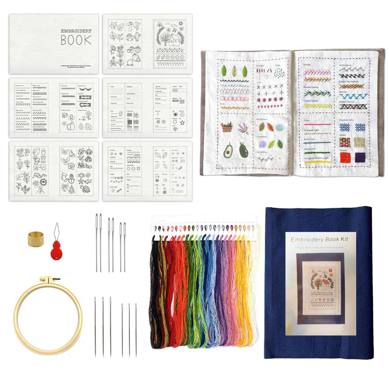 KINDLUME Libro Ricamo, Kit Ricamo per Principianti, Embroidery Book, Set Completo con 12 Aghi, Ditale, Infilago e Telaio, per Adulti, Regalo Creativo e Hobby Rilassante