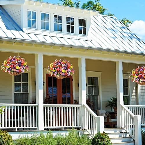 Miniatura 10 de Homsunny Cestas colgantes artificiales de otoño, flores, plantas, decoración de porche al aire libre, arreglo de plantas de margaritas falsas para