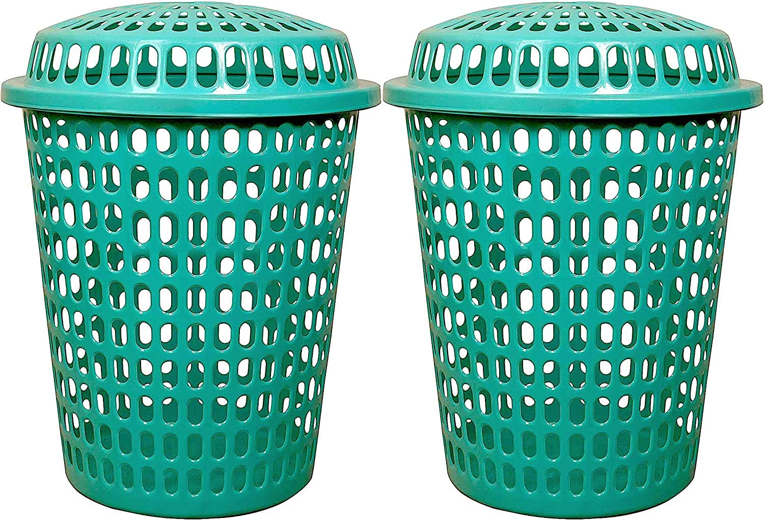 Plastic Laundry Basket With Lid Big Size For Clothes 50 Litre Hamper Bag Dress Storage Toys Organiser Cover Combo With Cap Heavy Duty Round Shape (2 Pcs, Green)-image-30
