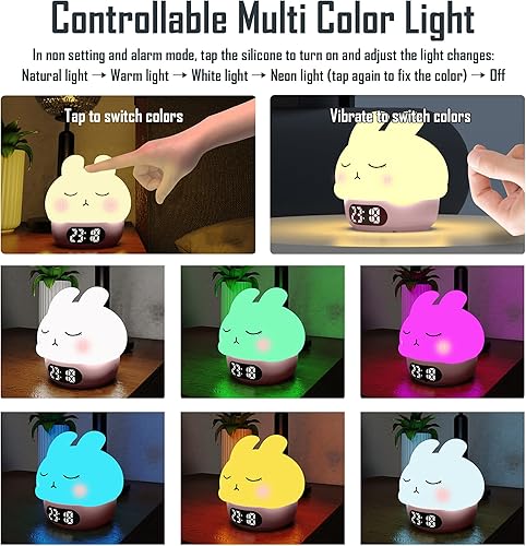 Miniatura 4 de Luz nocturna recargable RGB de lindo conejo, pantalla de silicona suave, reloj LED de brillo ajustable, fecha, alarma, termómetro, temporizador,