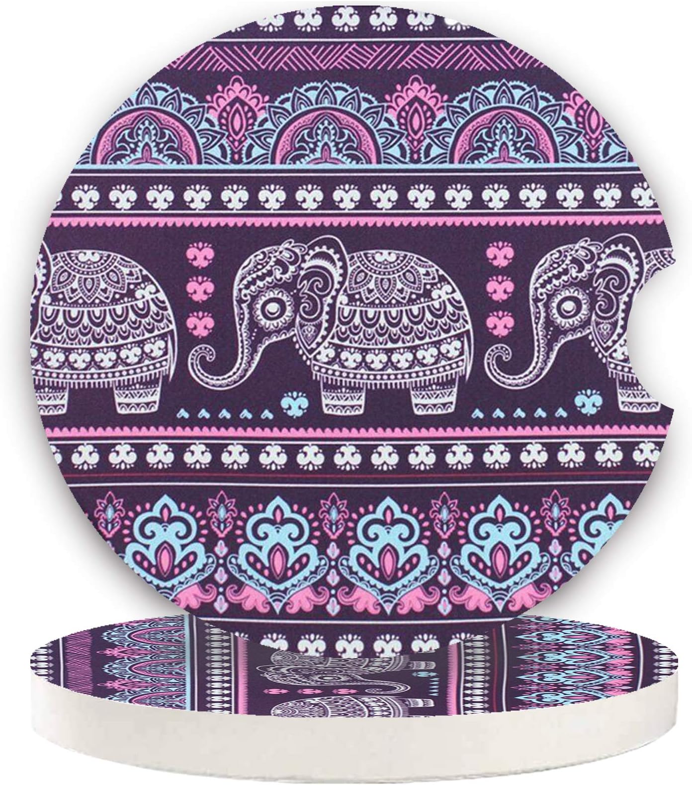 Small 2.56" Absorbent Car Coasters 2 Pack, Auto Cup Holder Accessories, Ceramic Coasters Absorb Spills to Keep Cupholders Clean (Purple Elephant)