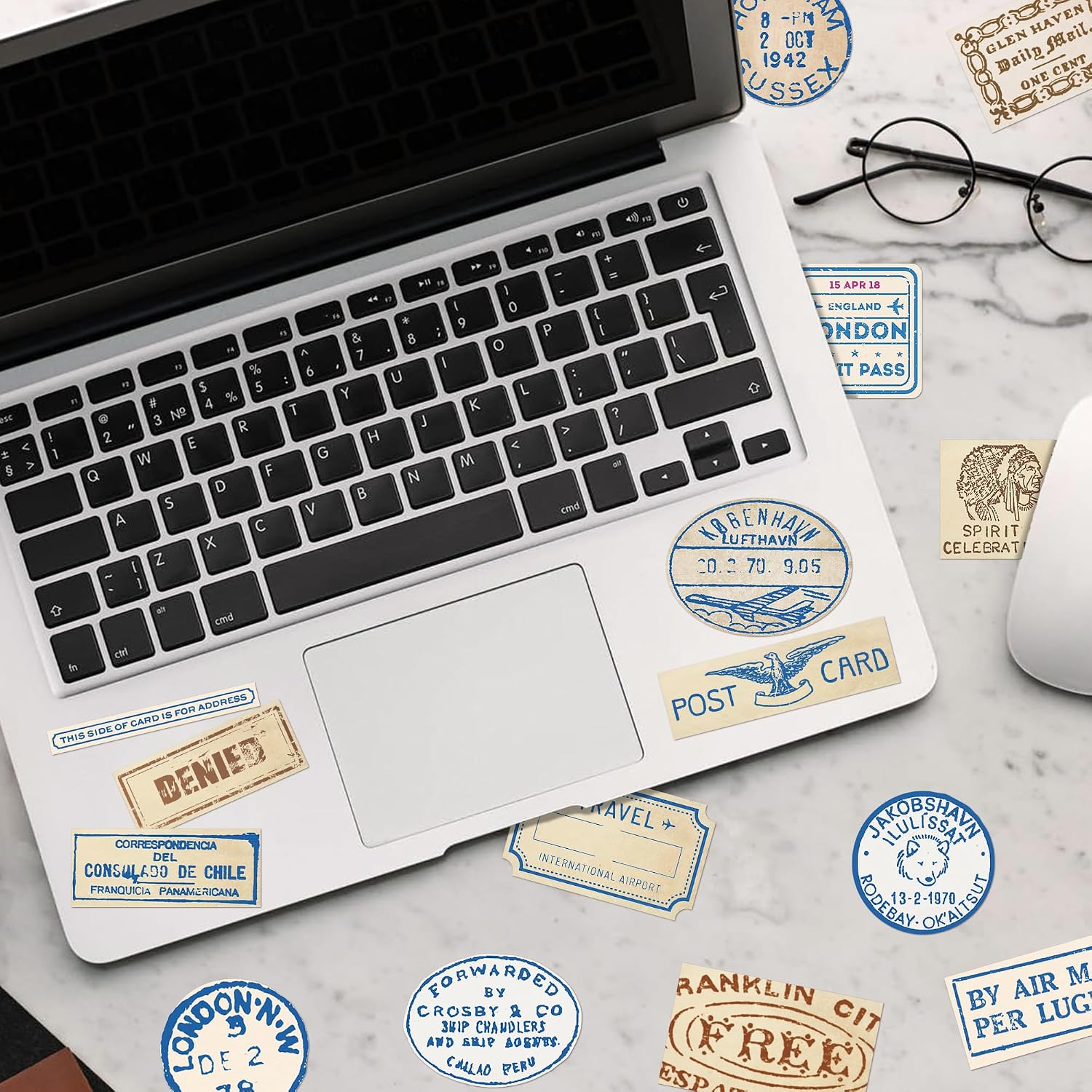 50 PCS Vintage Passport Stamp Stickers, Waterproof Retro Travel Vinyl PVC Stickers for Luggage Suitcase Water Bottle Laptop Skateboard