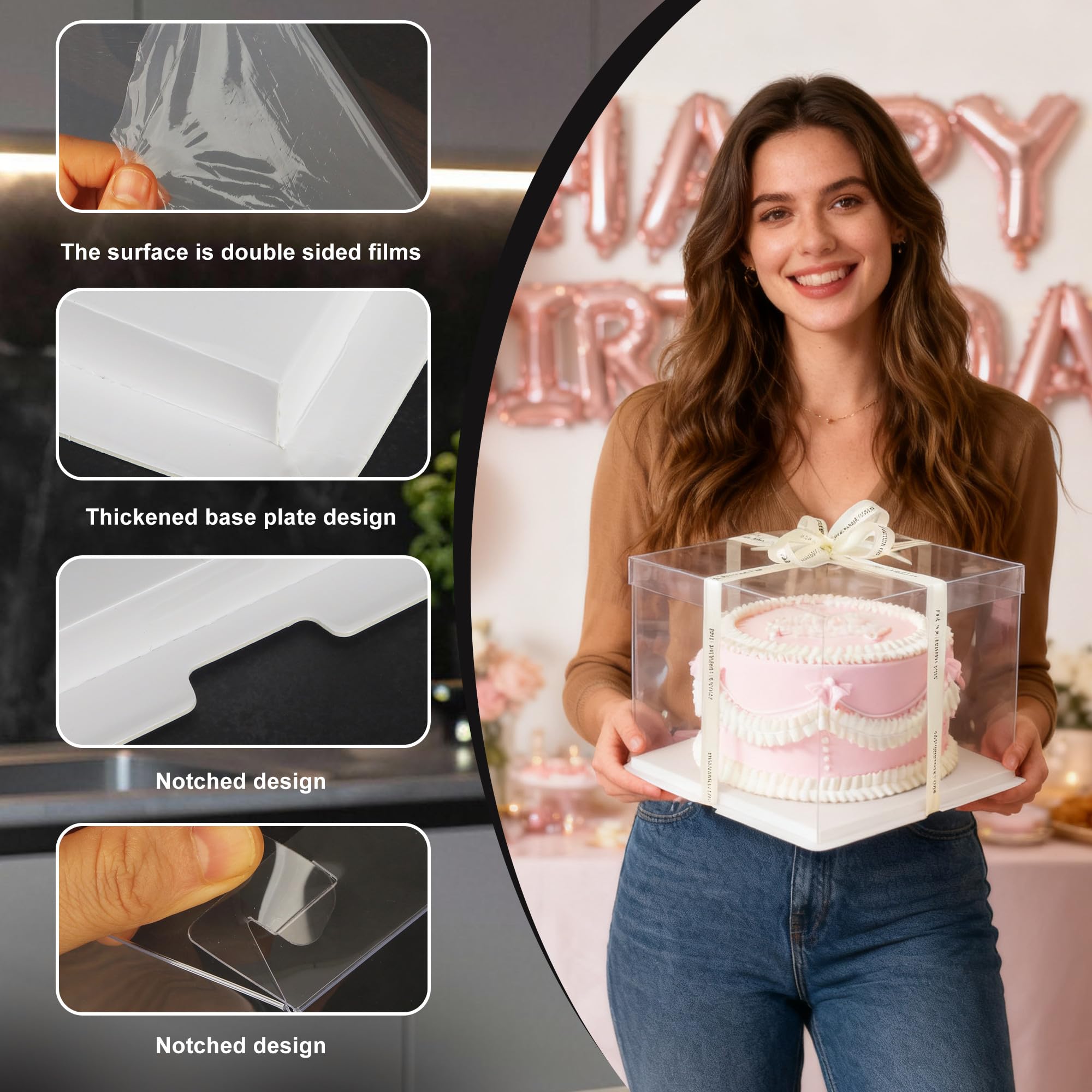 JIYANA 2 scatole per torta trasparenti 30 x 30 x 25 cm con 2 nastri, Scatole Trasparenti Per Bomboniere per torte da 10 pollici, adatte per compleanni, matrimoni, feste, confezioni regalo