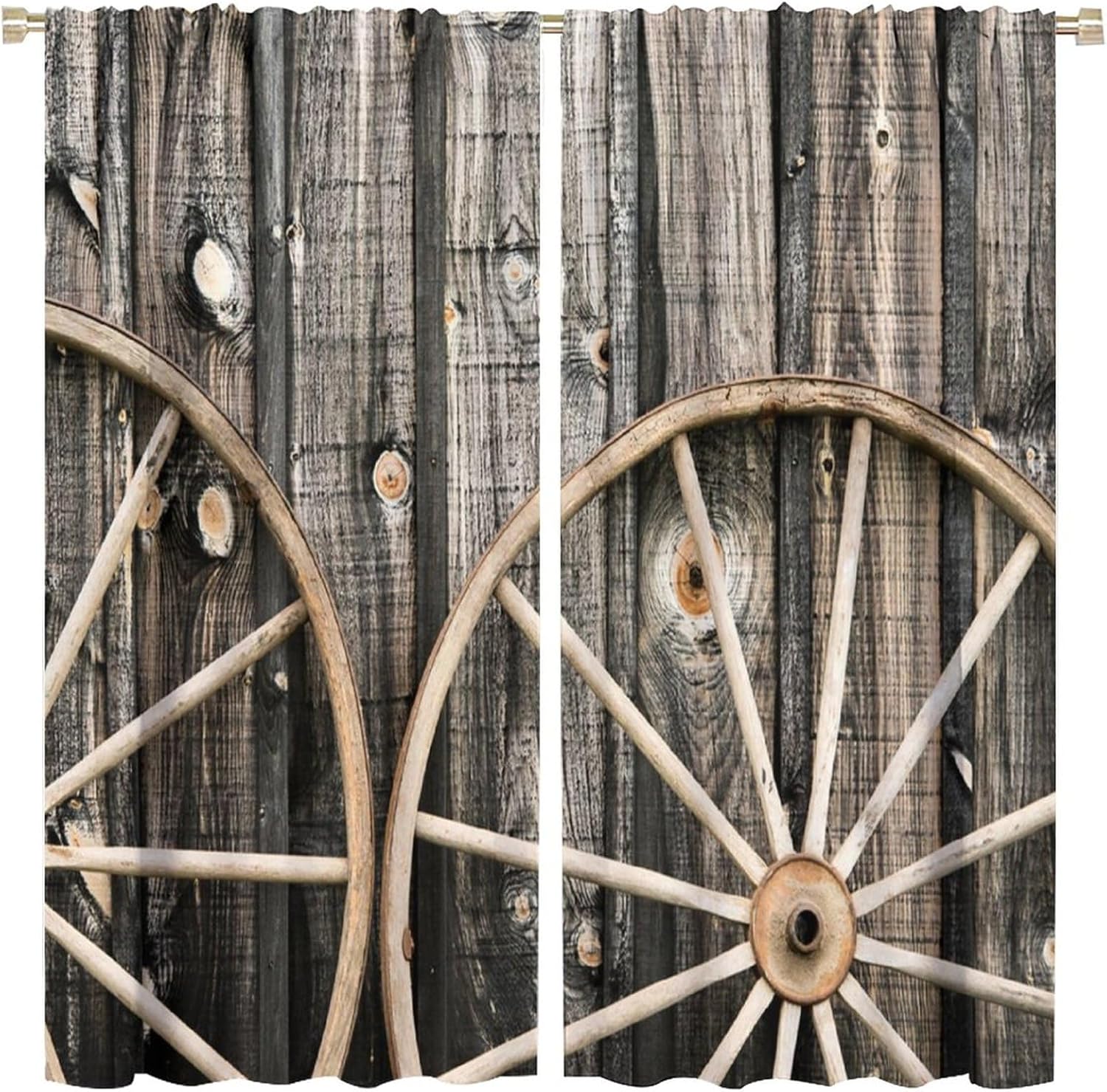 Barn Wood Wagon Wheel Blackout Curtains for Bedroom, Rustic Wooden Barn Door and Vintage Rusty Wheel Rod Pocket Thermal Insulated Room Darkening Curtains Bedroom Curtains 84x84in