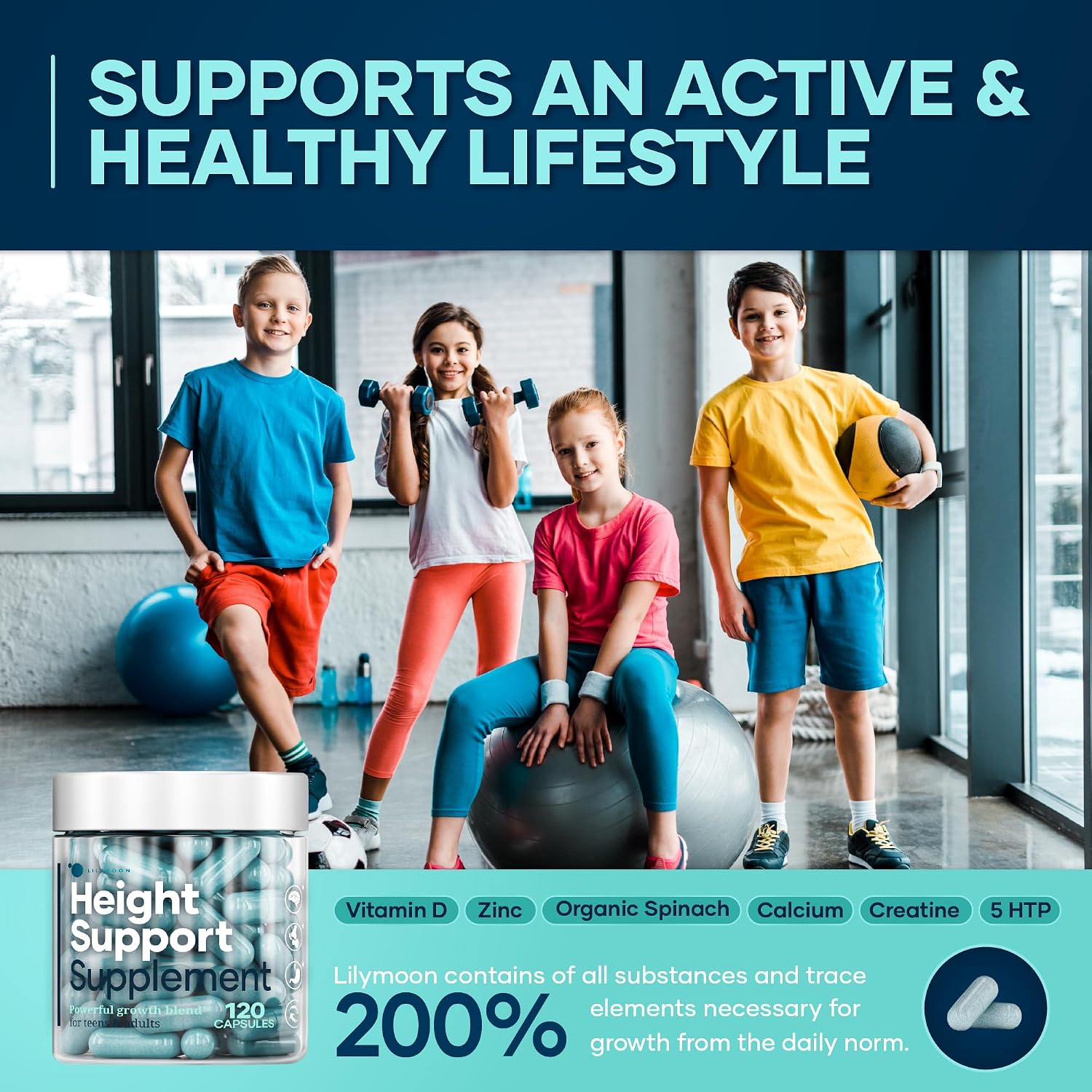 Height & Bone Support Supplement - Premium Height Growth Supplement for Kids & Teens with Calcium - Nutritional Support Bone Health Formula - Height Increase Essential Vitamins - 120 Caps