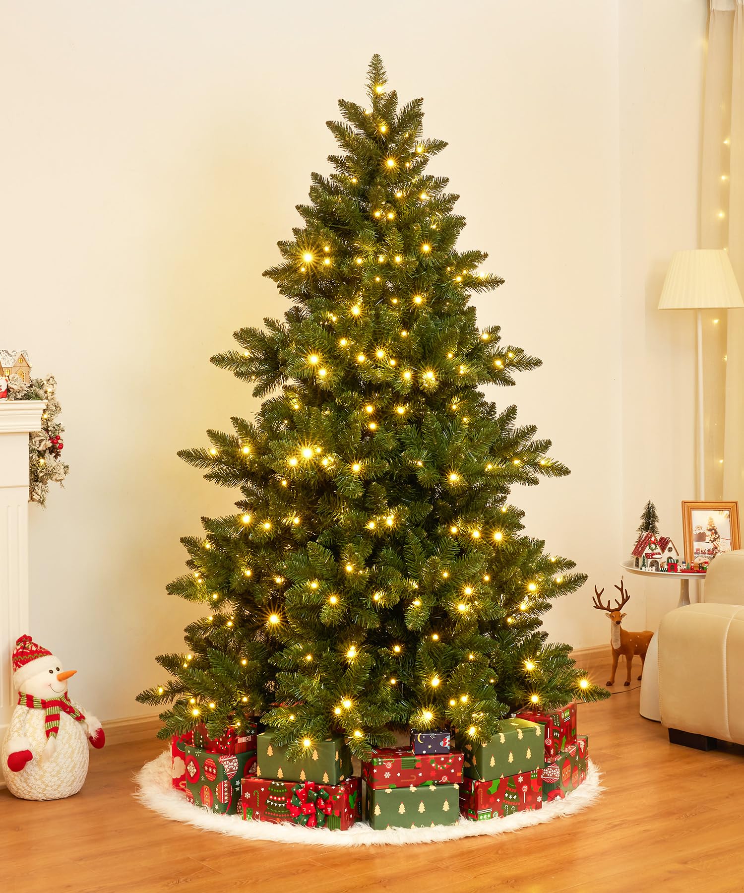 Yorbay Sapin de Noël artificiel avec éclairage LED : sapin en PVC artificiel avec support en bois pour décoration de Noël, idéal pour une ambiance festive (150 cm)