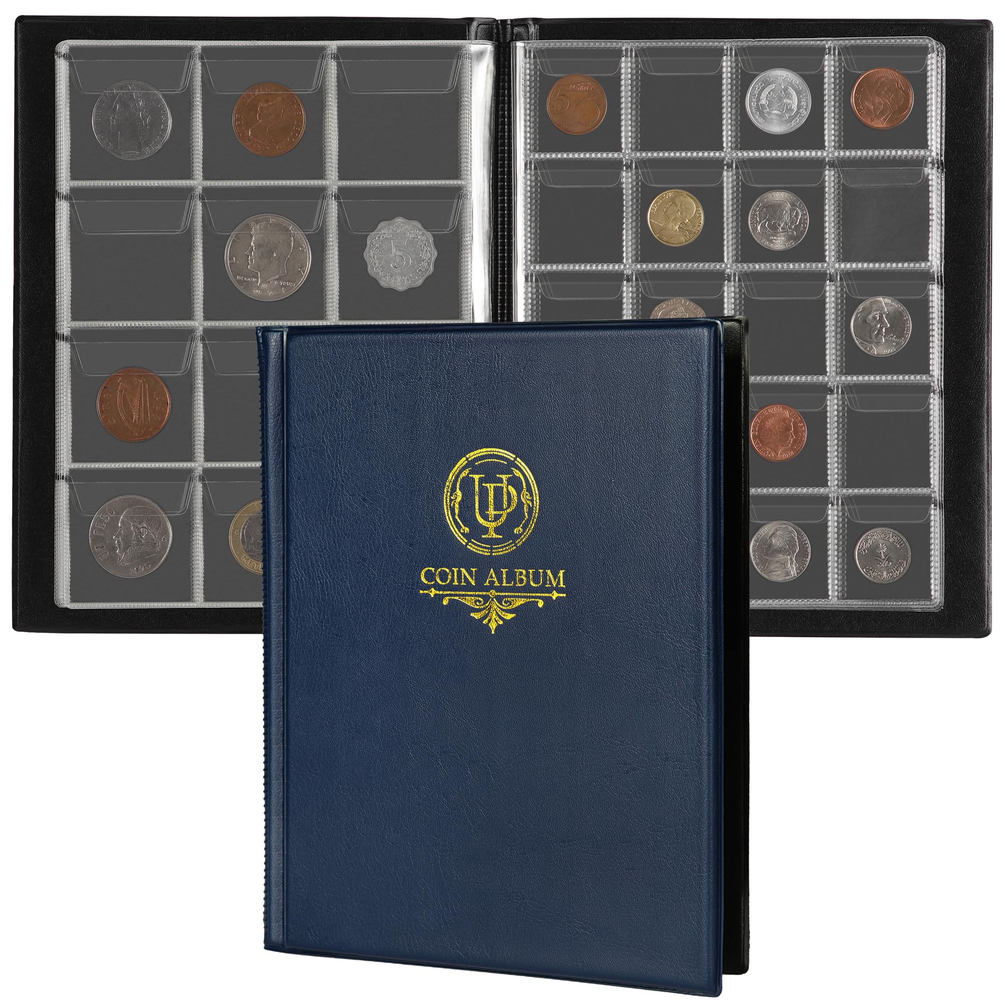 160 Pockets Coin Album - 10 Sheets Mixed Sizes Coin Holder 45x43/33x33 mm Collecting Grid for Pounds Pence Cents (Blue) CS48160BL
