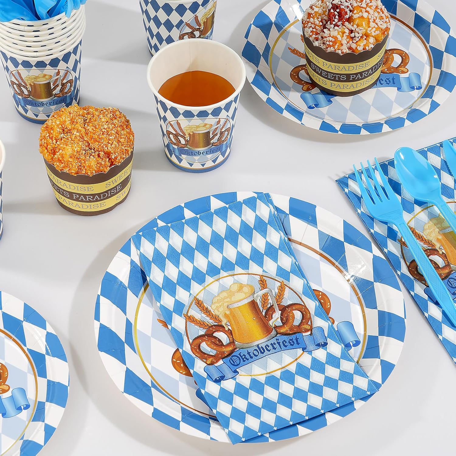 Oktoberfest Party Plates and Napkins Set Serve 50, Bavarian Oktoberfest Party Supplies Decorations, Disposable Blue and White Flag Check Paper Plates Napkins Cups for German Beer Festival Party