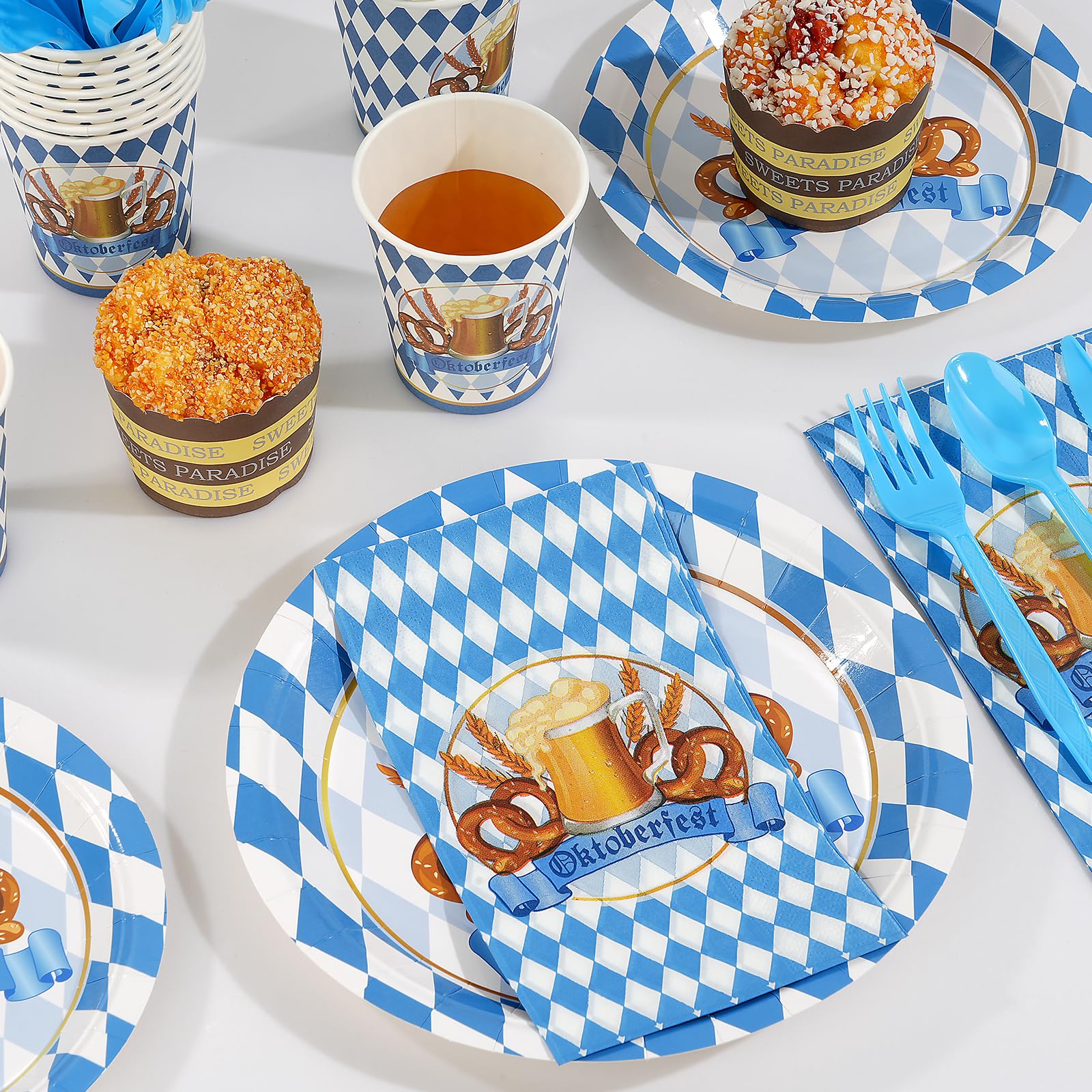 50 Stück Oktoberfest Partyschalen 473ml | Blaue-weiße Flaggen Design Einweg-Papierschalen