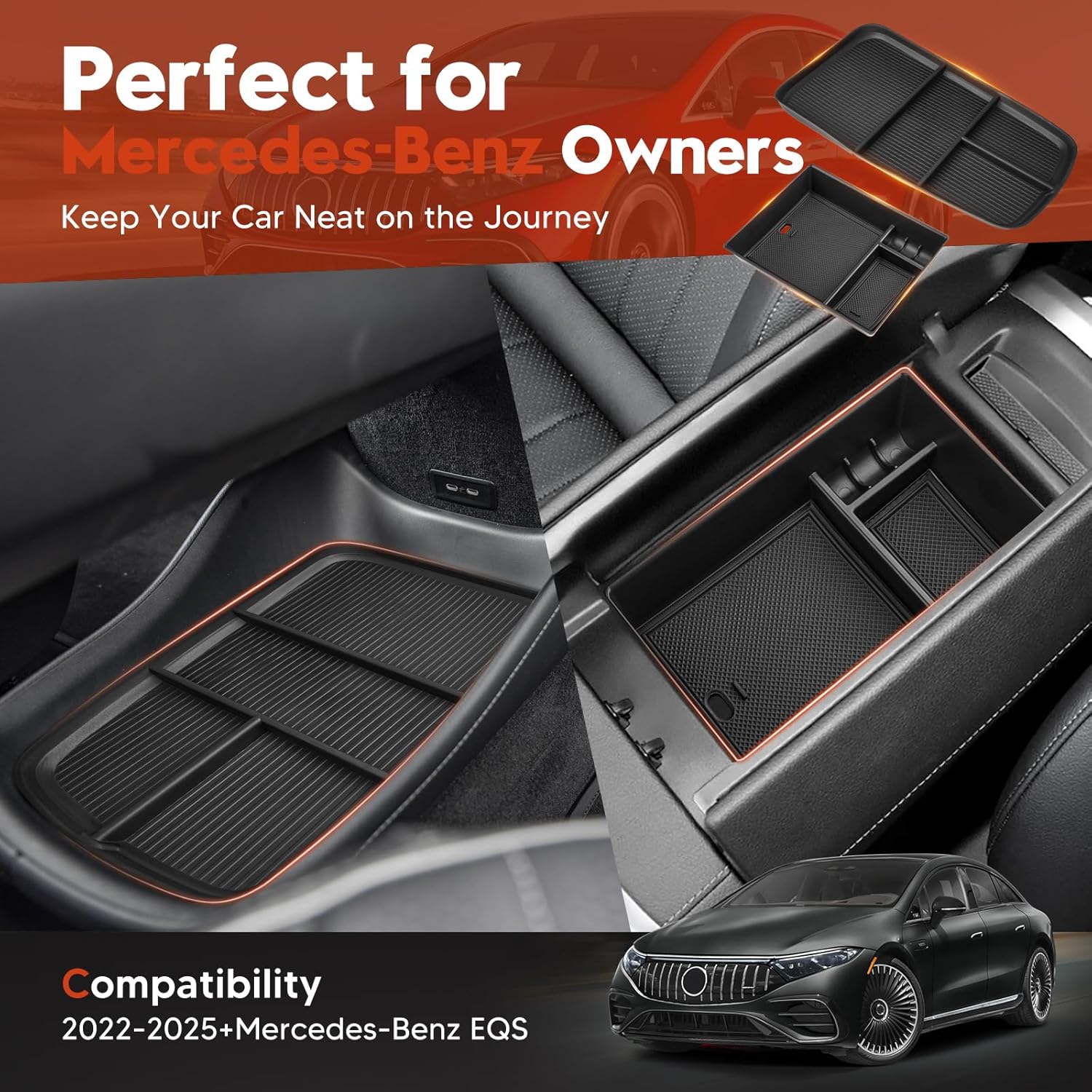 Sunsdrew 2025 Upgraded 2PCS Mercedes-Benz EQS Center Console Organizer&Lower Center Console Tray for 2023 2024 2025 Mercedes Benz EQS Interior Accessories Anti-Slip