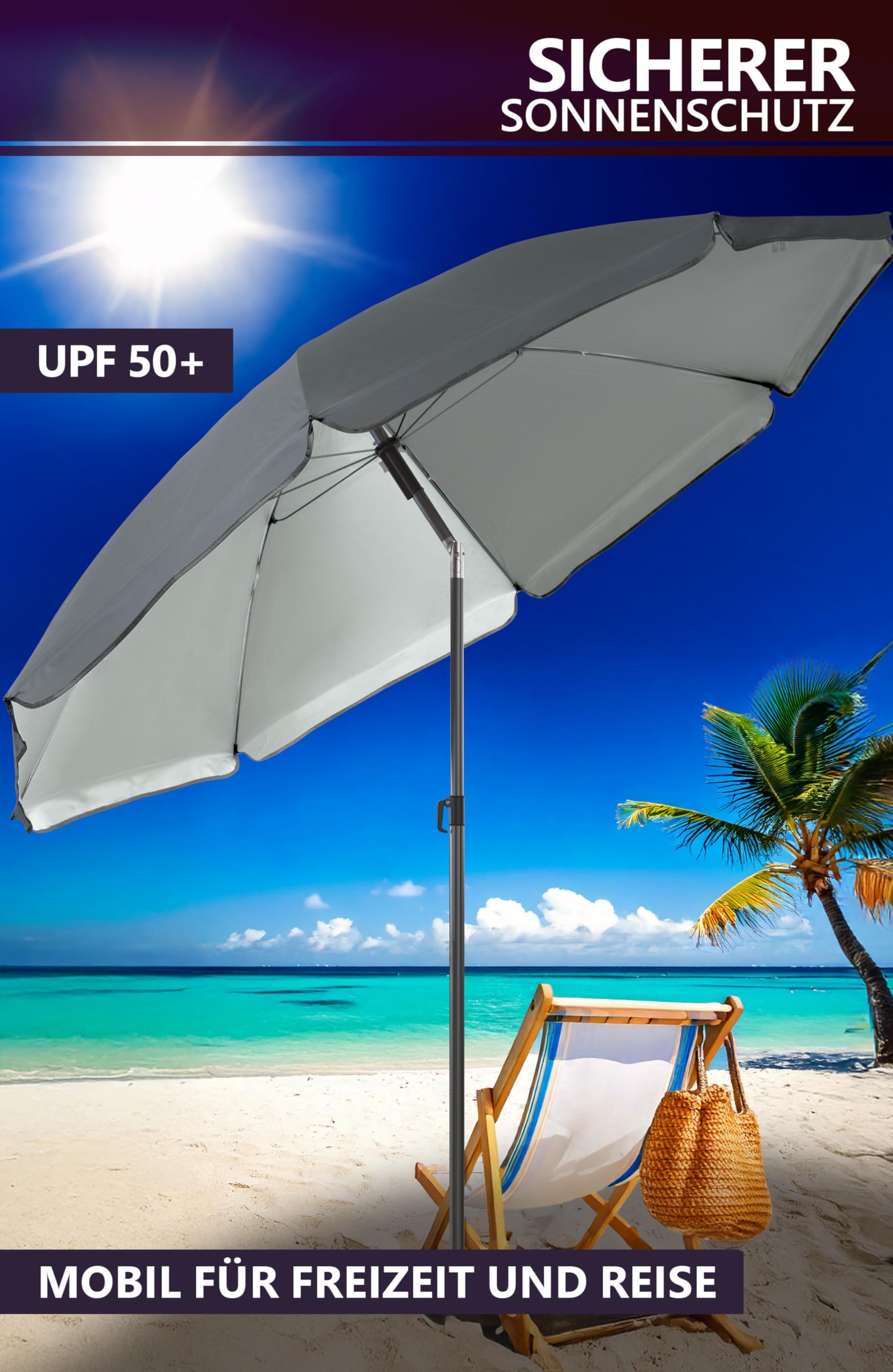 4smile Sunnyjoy Sonnenschirm Strand 3-IN-1 Set - Strandschirm windfest stabil, UPF 50+ Sonnenschirm Strand - Robuster Strandschirm mit Bodenhülse & Schutzhülle, Ø 200 cm, Fb. Anthrazit