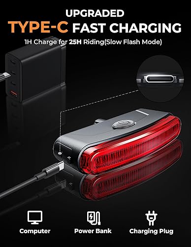 Miniatura 6 de G2FS LITH-2-Pack Bicycle Taillight 4 Modes (SteadyBreathingRunning Flash) USB-C Rechargeable Bike Lights with Mode Memory & Quick Fast-Flash