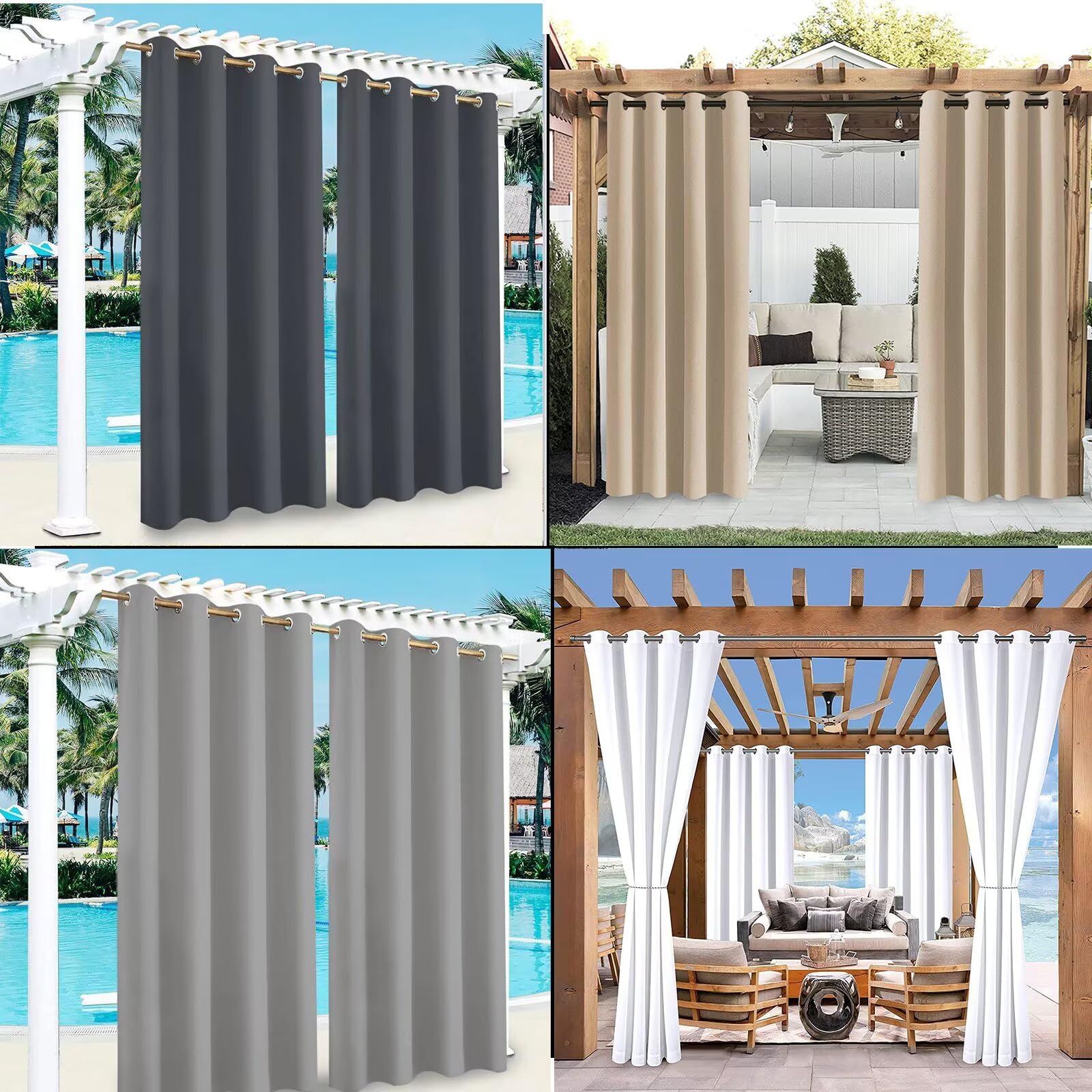 Rideau Exterieur Impermeable Opaque Protection Anti-UV avec œillets Rideau Occultant Exterieur pour Jardin Cour Balcon B200xH200cm Couleurs crème