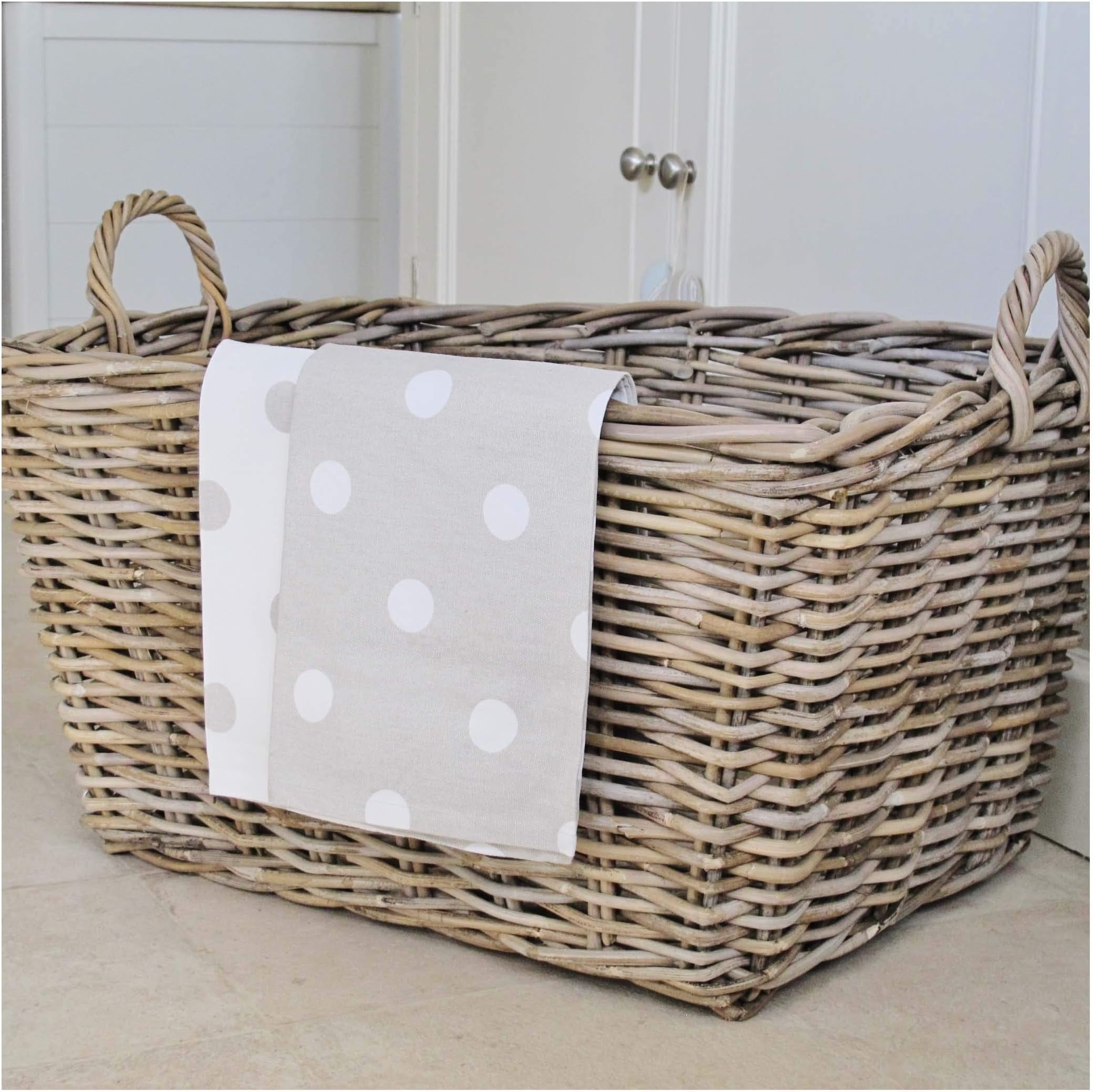 Large Wicker Log Storage Basket with Handles Grey Buff Rattan