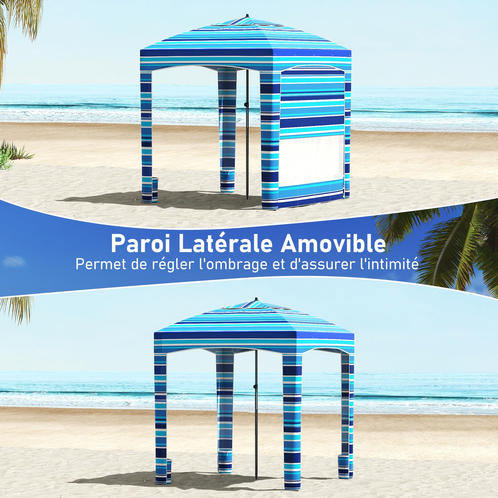 COSTWAY Tonnelle de Plage Pliable 185 x 185 cm, Abri de Plage avec Parois Latérale Amovible, Hauteur Réglable, Poches à Sable, Tente à Auvent Sac de Transport, Protection UV 50+, Bleu