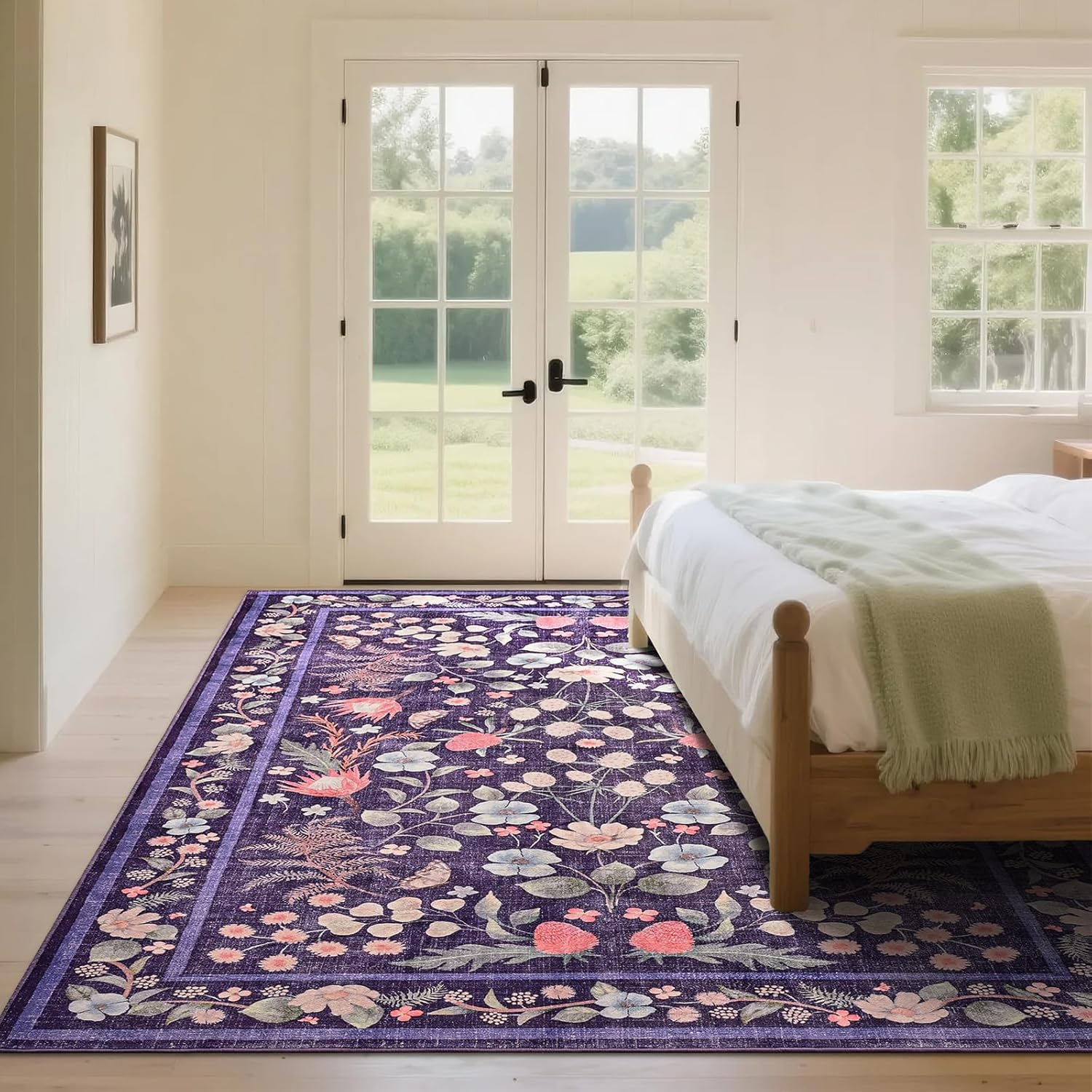 Przemy Area Rugs for Living Room, 4x6 Washable Rug Floral for Kid's Bedroom, Non Slip Rustic Carpet for Office Bedside Entryway Kitchen, Purple