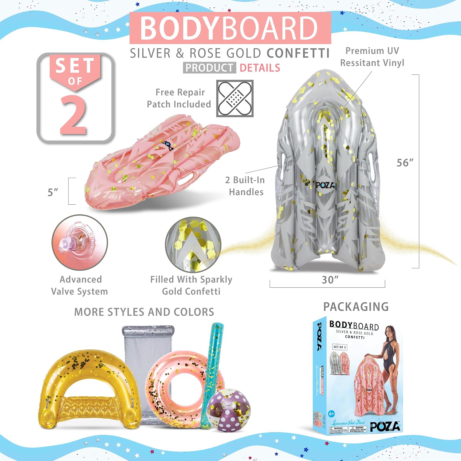 POZA Set of 2 Inflatable Body Boards - USA Design Bodyboard Pool Float with Handles, Surfing Board for Swimming Toys for Kids, Boogie Boards for Beach Activities - 56 Inches image 3