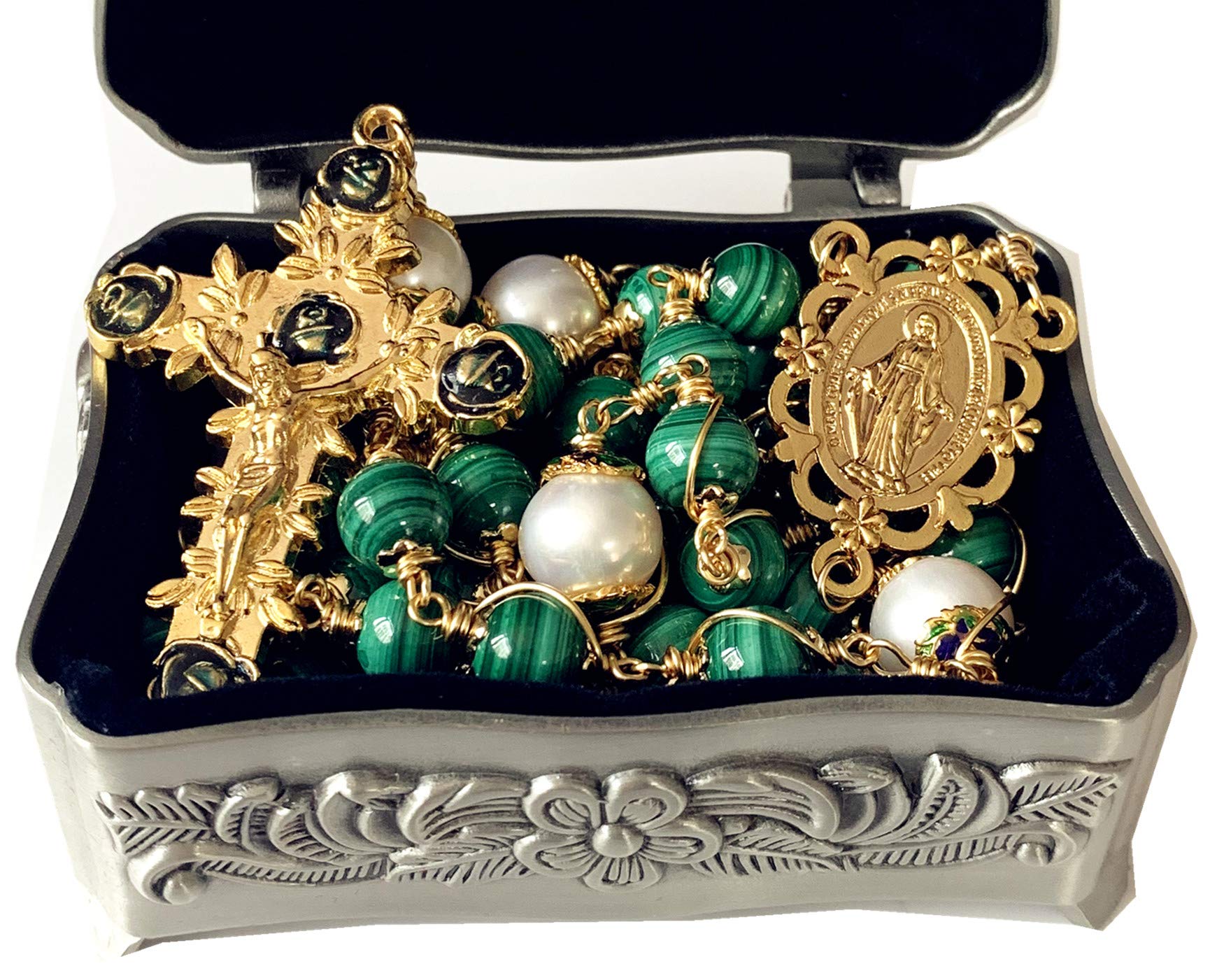 elegantmedical Handmade Gold Wire Wrapped UNDOUBTED Malachite &11-12mm Natural Real Pearl Beads Rosary Cross/Crucifix Necklace Box Catholic Womens Mens Gift