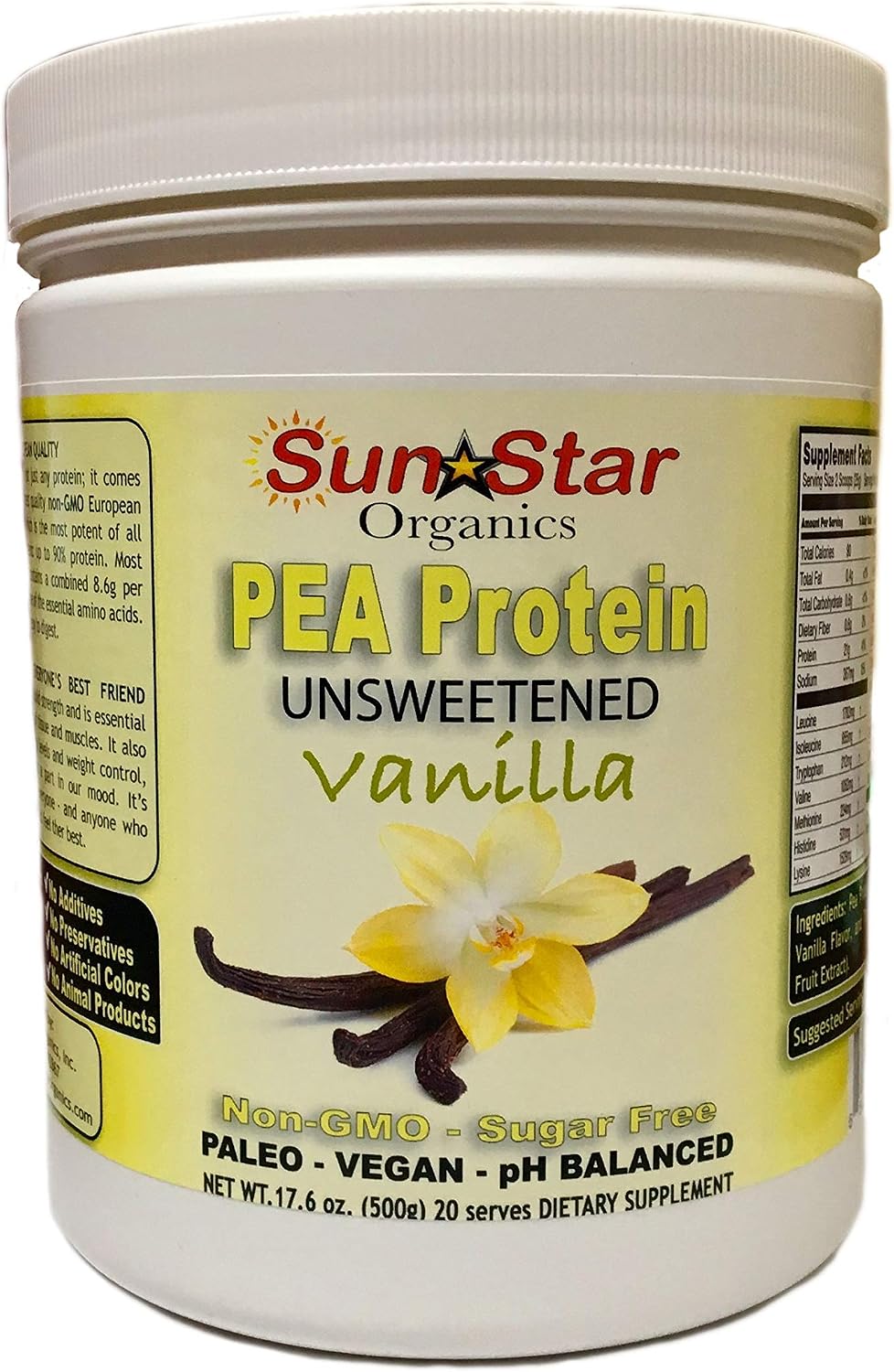 Sun Star Organics Pea Protein Powder, Unsweetened, Vanilla Flavor, Soy Free, Non-GMO 17.6 oz