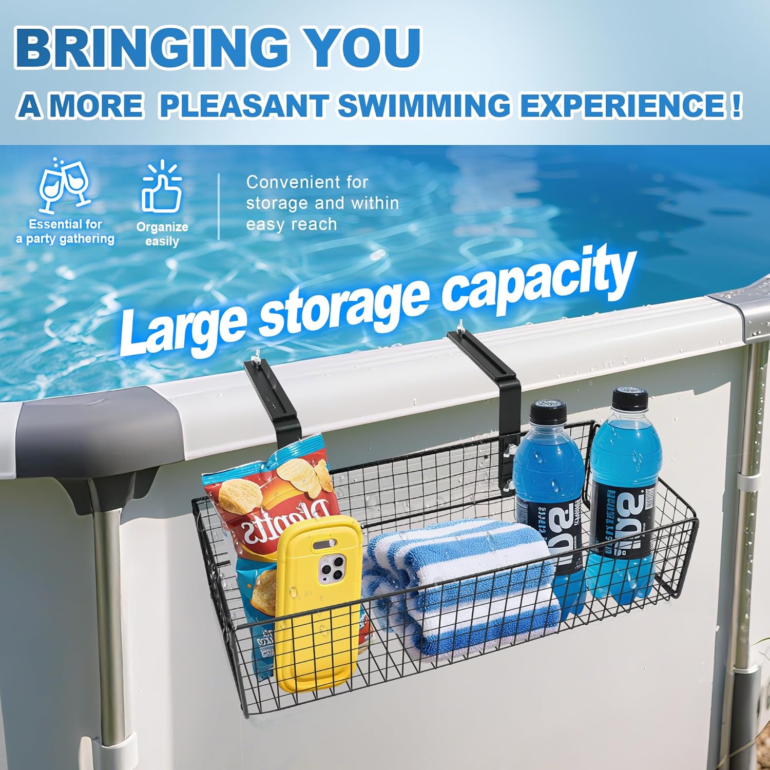 Large Size Metal Poolside Storage Basket - 14 x 6 x 3.5 in for Square Top Pools Only, Adjustable Swimming Pool Hanging Basket Fits 4.9" to 9" Top Rails, Above Ground Pool Shelf Accessories