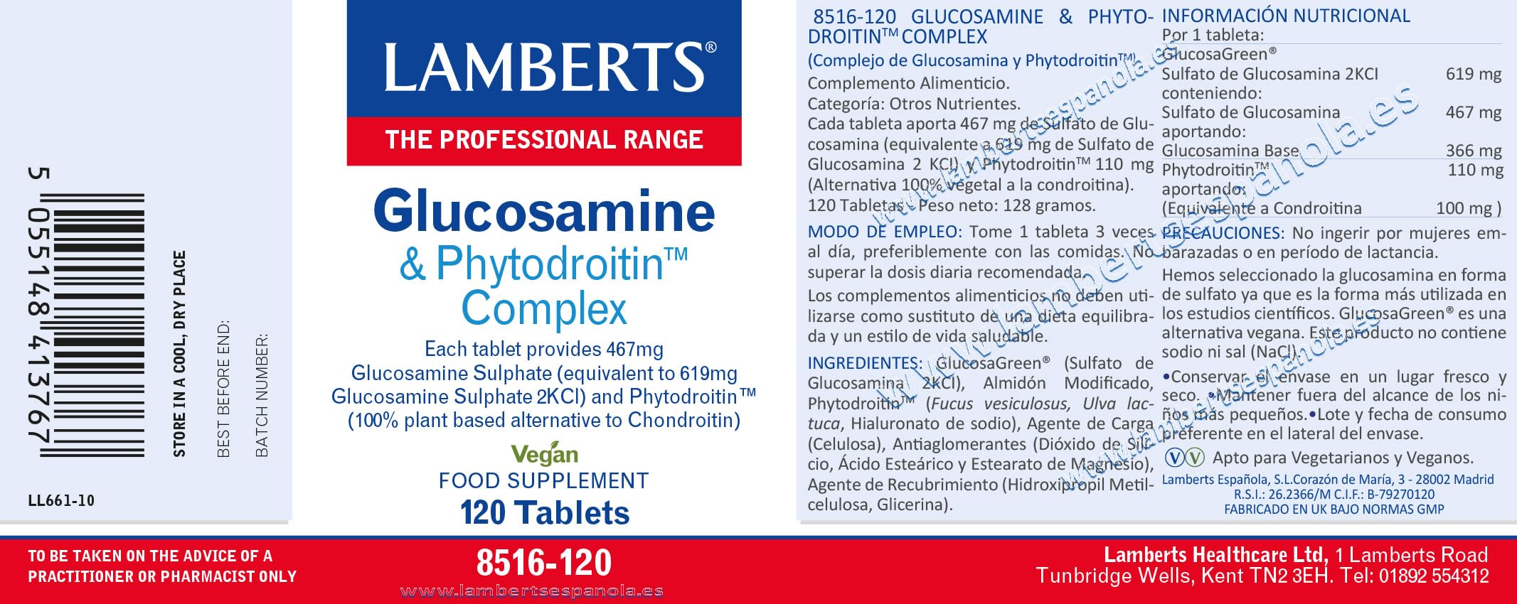 Pack x2 | Lamberts Complejo de Glucosamina y Phytodroitin, 619mg Glucosagreen, 467mg Sulfato de Glucosamina, Para Salud Articular | 120 Tabletas | LAMBERTS