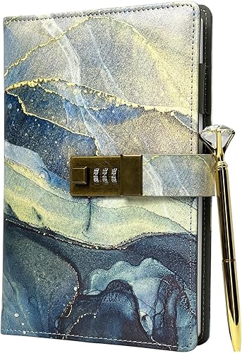 Diario con cerradura y bolígrafo, un juego de diario con cerradura, diario de bloqueo de diseño de mármol, diario con cerradura para adultos, piel