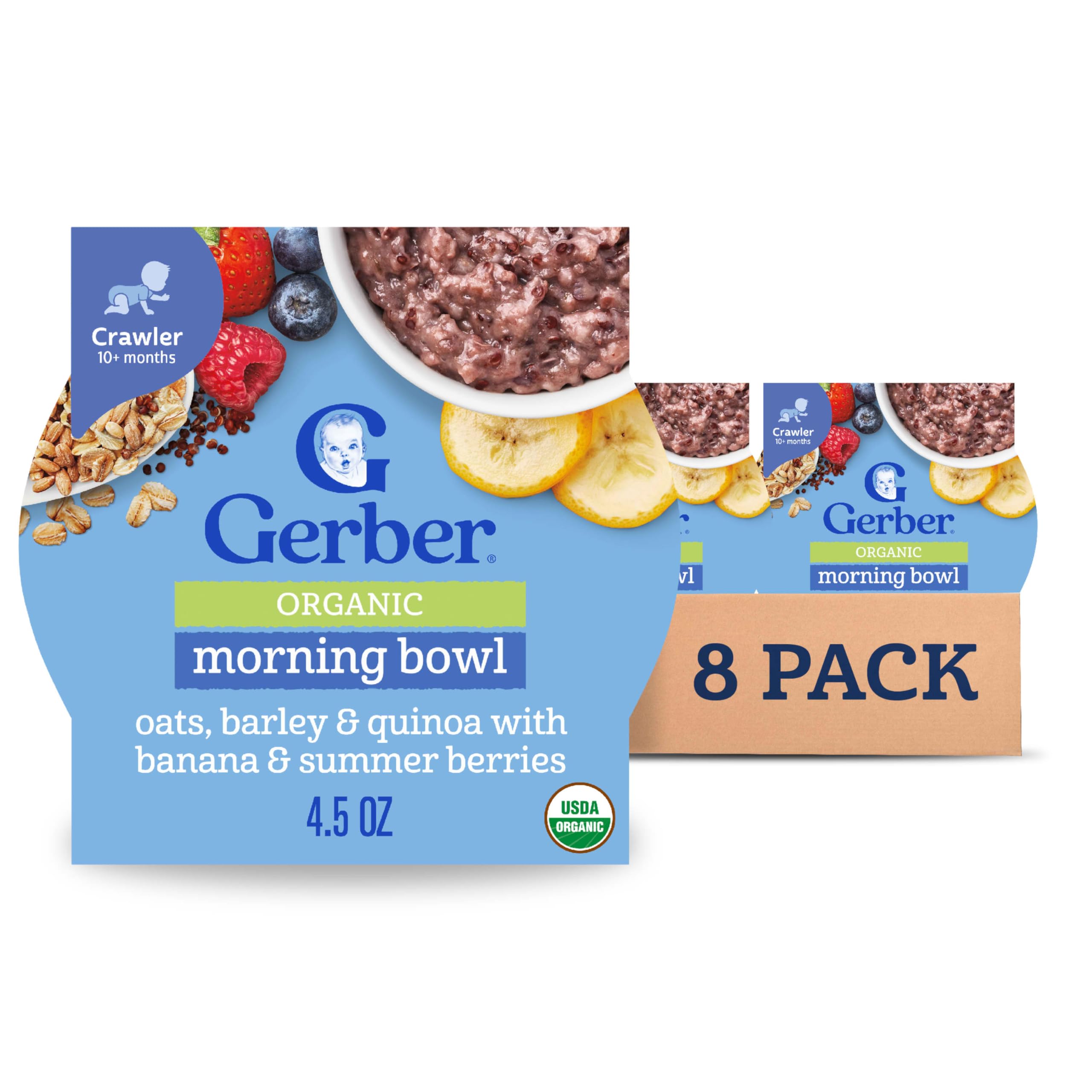 GerberStage 3 Baby Food, Organic Morning Bowl, Oats Barley & Quinoa, Baby Oatmeal, 8PKUSDA OrganicReducing CO2