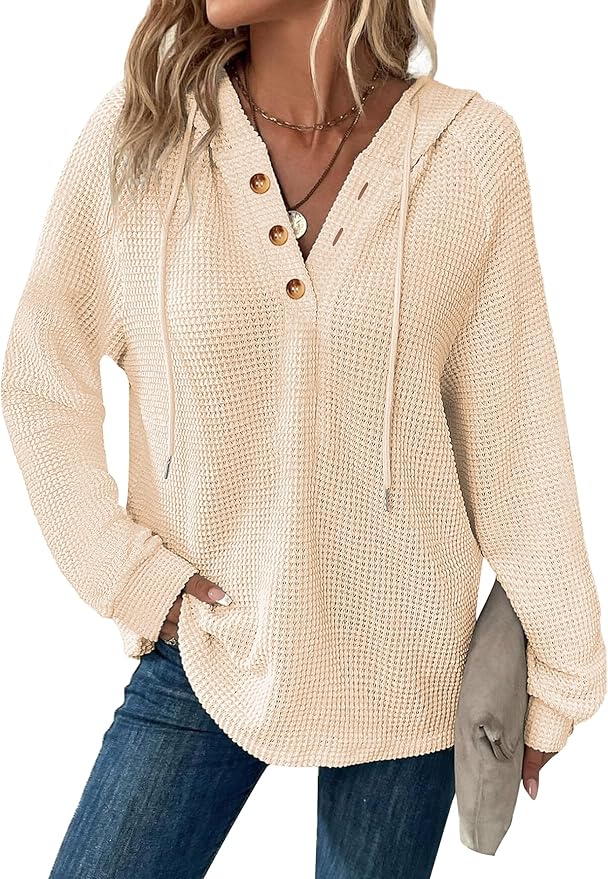 Waffle Knit V Neck Oversized Hoodie for Women