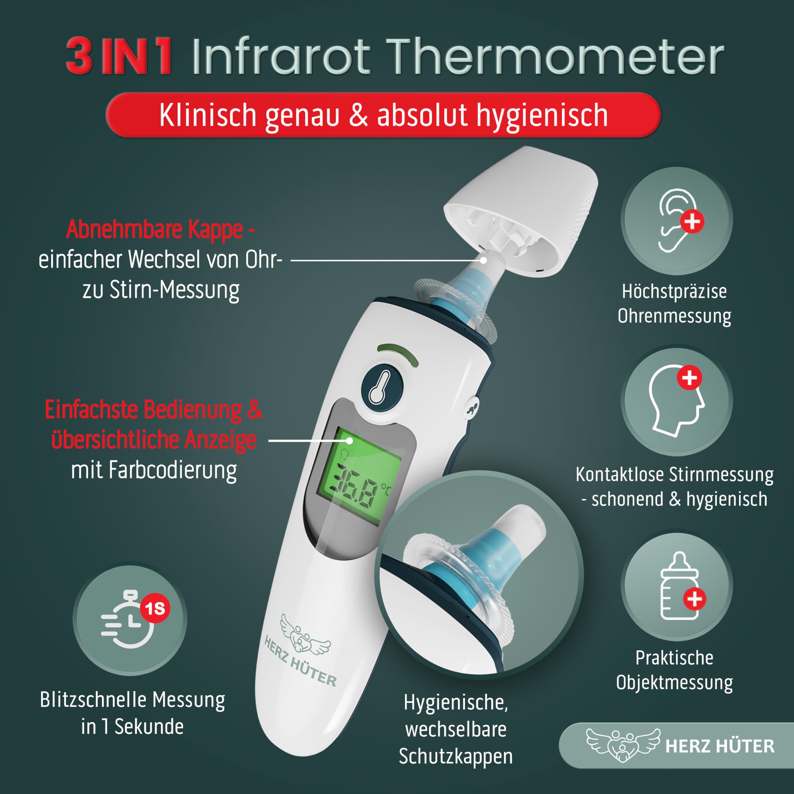 Fieberthermometer Ohr & Stirn, 3 in 1 Thermometer Ohrthermometer Baby Kinder & Erwachsene Stirnthermometer kontaktlos Digitales Fieber-Thermometer Infrarot-Messgerät, TÜV-zertifiziertes Medizinprodukt