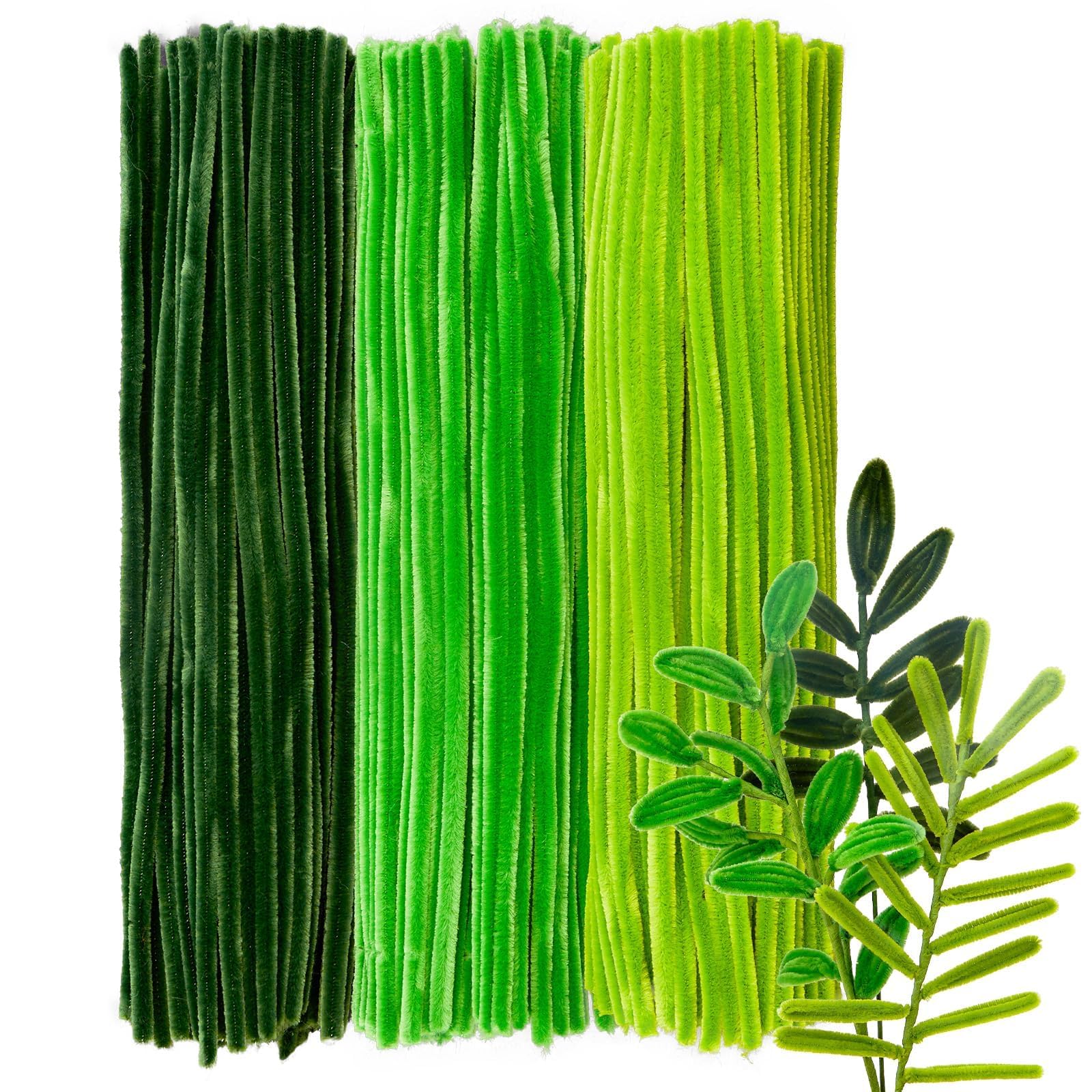 GUWINA 300 Stück Pfeifenreiniger zum Basteln Grün, 30cm Lang 8mm Dick, Bunte Pfeifenputzer Blumen Set in 3 Farben für DIY-Kunst, Kinder-Bastelprojekte und Dekorationen (Farbverlauf Grün)​