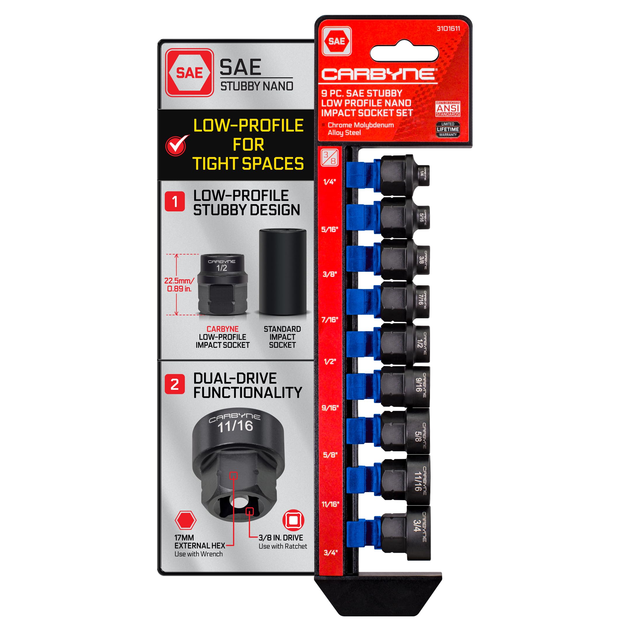CARBYNE 9-Piece SAE Stubby Low Profile Impact Socket Set, 3/8 in. Drive