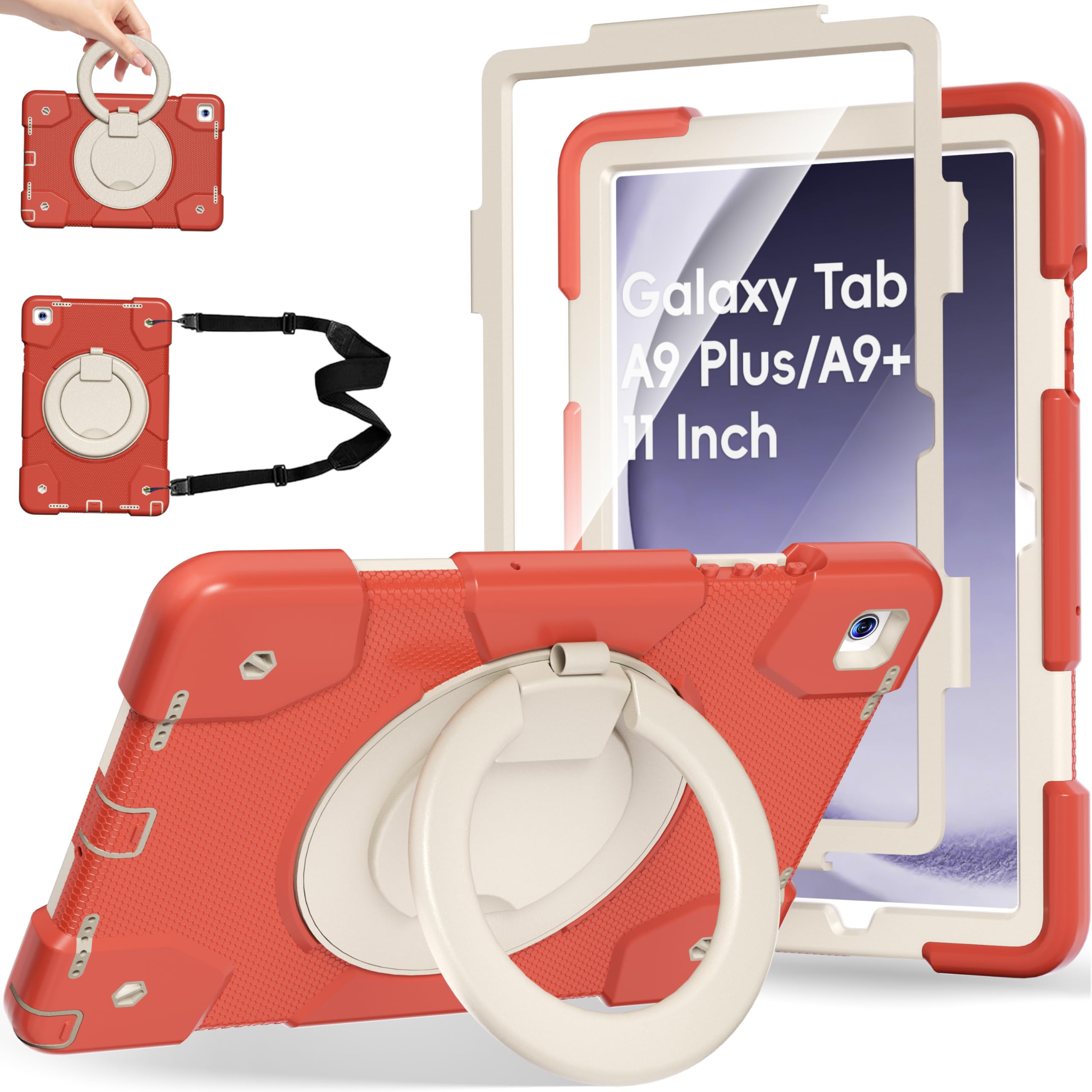 Andnary Case for Samsung Galaxy Tab A9+/A9 Plus Case 11 Inch with Screen Protector/360° Rotating Stand/Pen Holder/Shoulder Strap, Shockproof Cover for Tablet A9+ 5g (Orange)