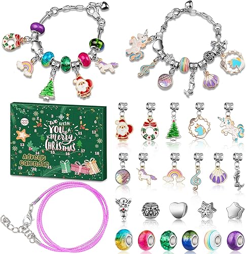 Calendario de Adviento 2025 para niñas, kit de fabricación de pulseras con dijes para niños, calendarios de cuenta regresiva de Navidad de 24 días,