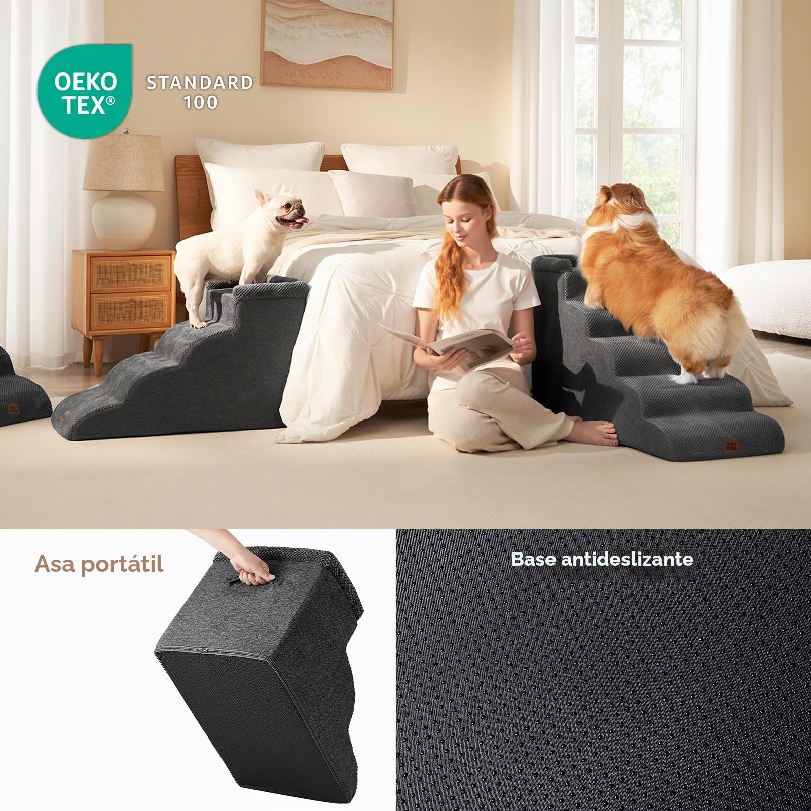 EHEYCIGA Escalera Perros 3 Peldaños, Rampa Perro para Cama y Sofá, Gris | Espuma Alta Densidad, Base Antideslizante, Funda Lavable, 40x60x35.5 cm, para Perros Pequeños y Grandes, Mascotas Mayores