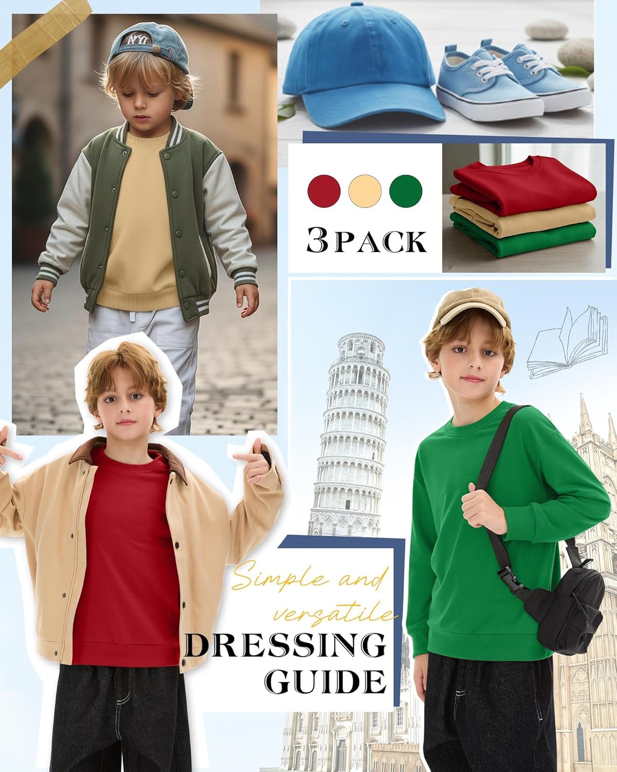 3 Pack Boys' Cotton Blend Sweatshirt, Crew Neck Long Sleeve Pullover, Youth Basic Fall Winter Sweatshirt - Image 4