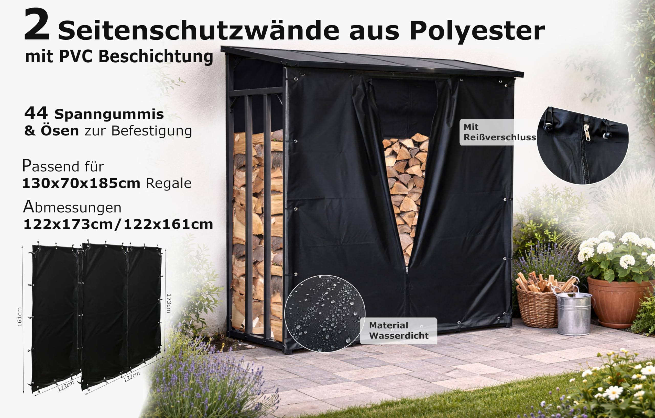 QUICK STAR Ensemble de Protection Contre Les intempéries Mur Avant et arrière PVC Noir pour Support de Bois de Chauffage 130 x 70 x 185 cm