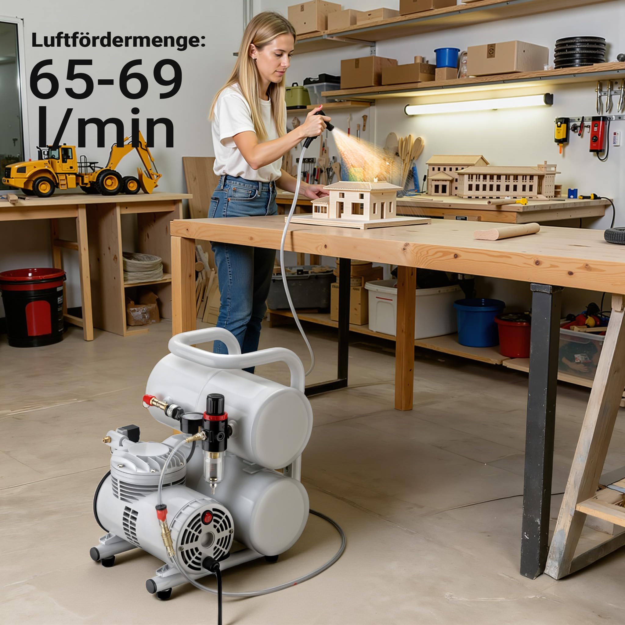 Wiltec Airbrush Kompressor AS06T 1/4 PS mit Zubehör, Kompressor für Airbrush-Pistole hohe Luftzufuhr 65-69 l/min, leistungsstarker Druckluftkompressor 3,2 bar, Luftkompressor für Airbrush-Design