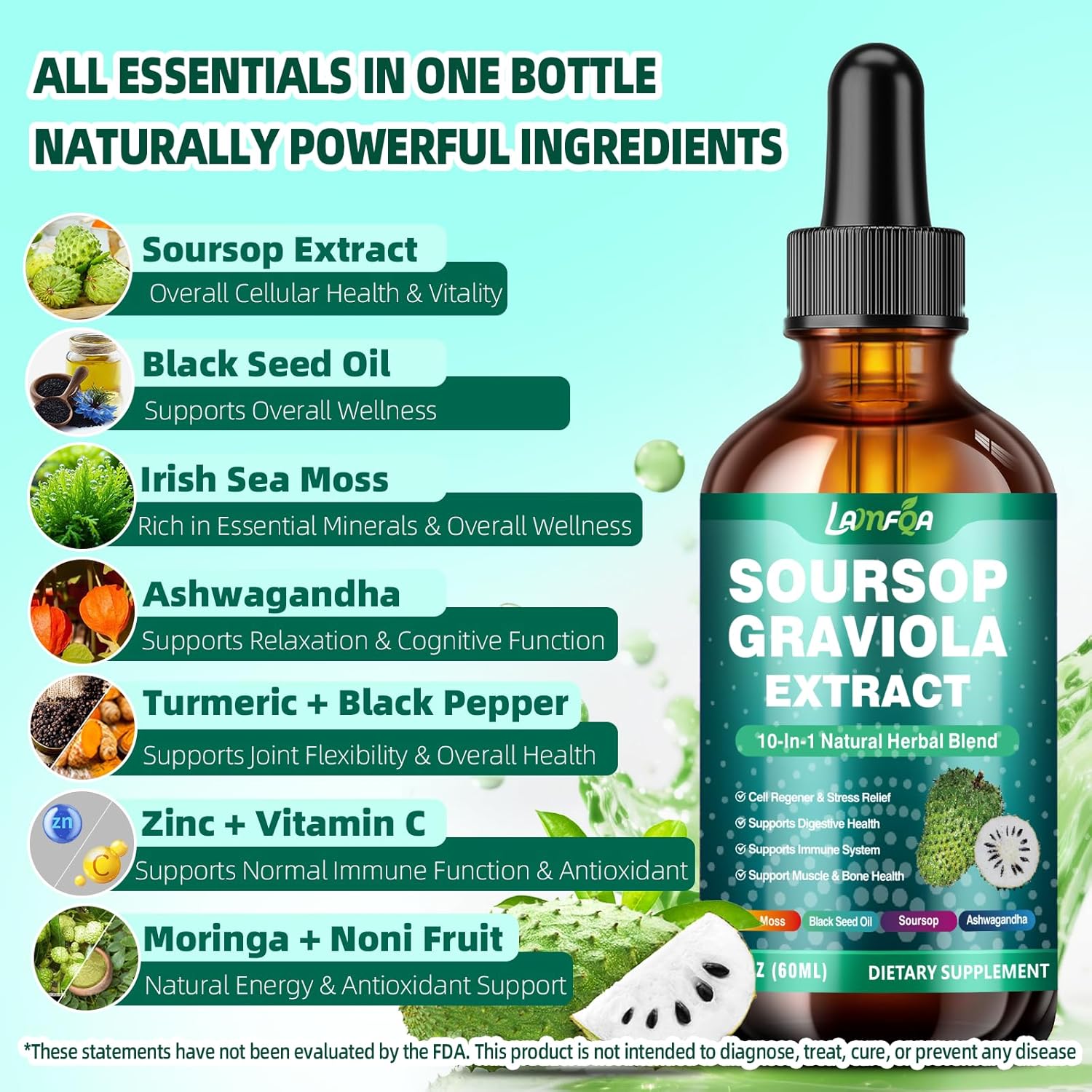 Soursop Bitters Liquid 10-in-1 with Ashwagandha, Black Seed Oil & Turmeric, Gotu Kola for Immune Support, Gut Health, Cell Regeneration & Antioxidant, Vegan, Non-GMO, Sugar-Free, 2 Fl Oz - Image 2