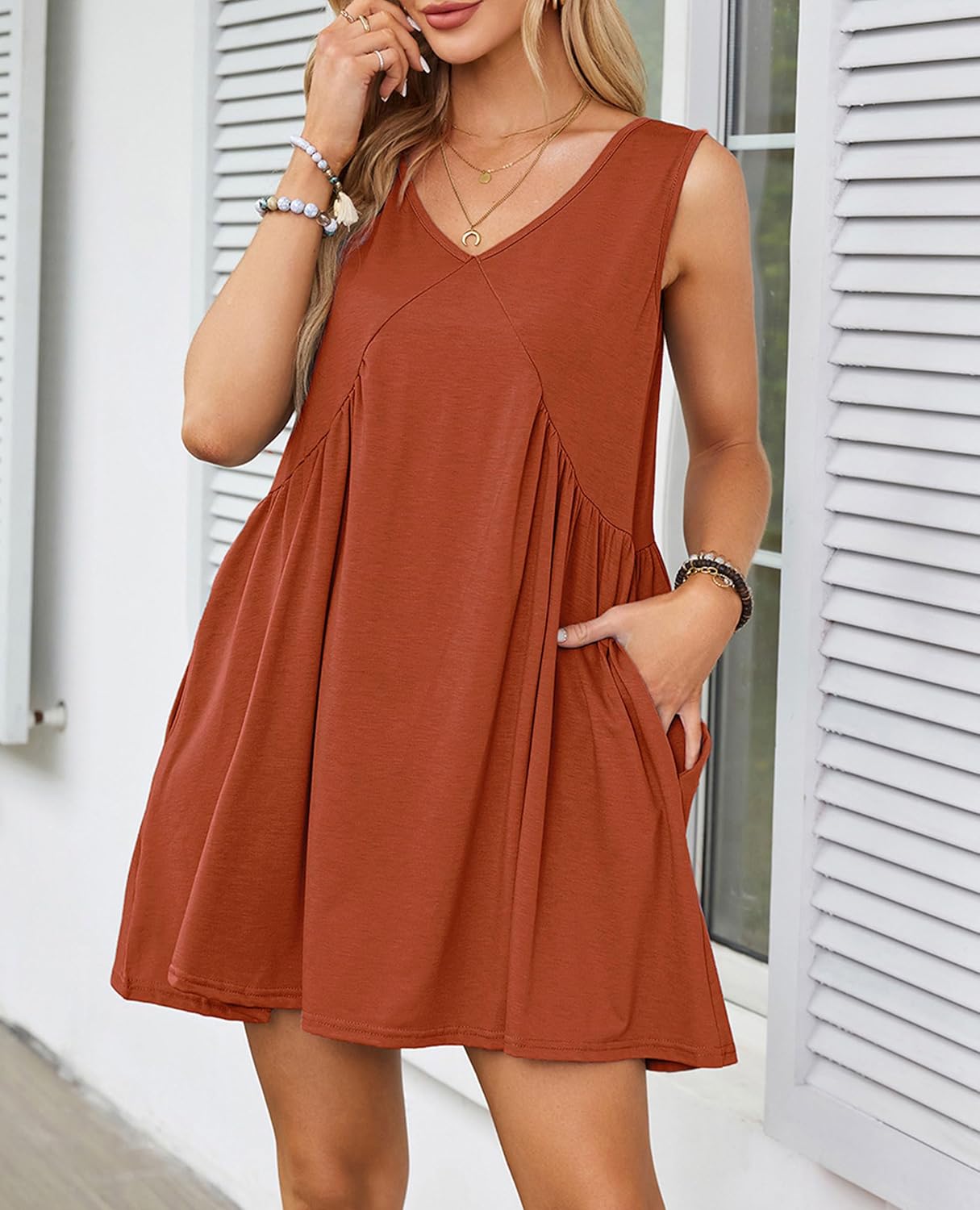 Womens Babydoll Dress Summer Sleeveless Mini Dress Casual Loose V Neck Swing Flowy Beach Sundresses with Pockets - Image 3