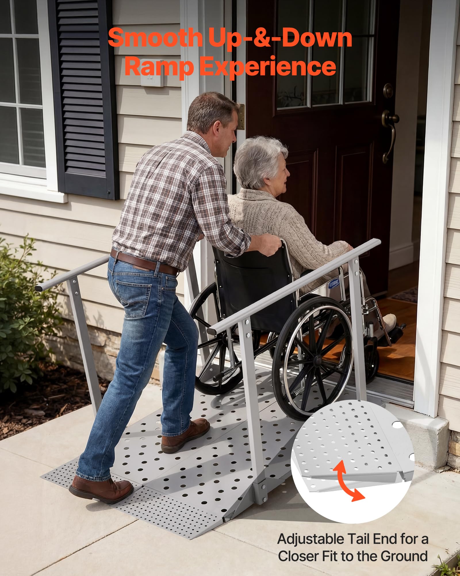 VEVOR Rampa para Silla de Ruedas con Pasamanos 1140 x 850 mm, Rampa de Umbral de Acier au CarboneAntideslizante, Capacidad de 199,6 kg para Escalones, Puertas, Bordillos, Scooters, Uso Residencial