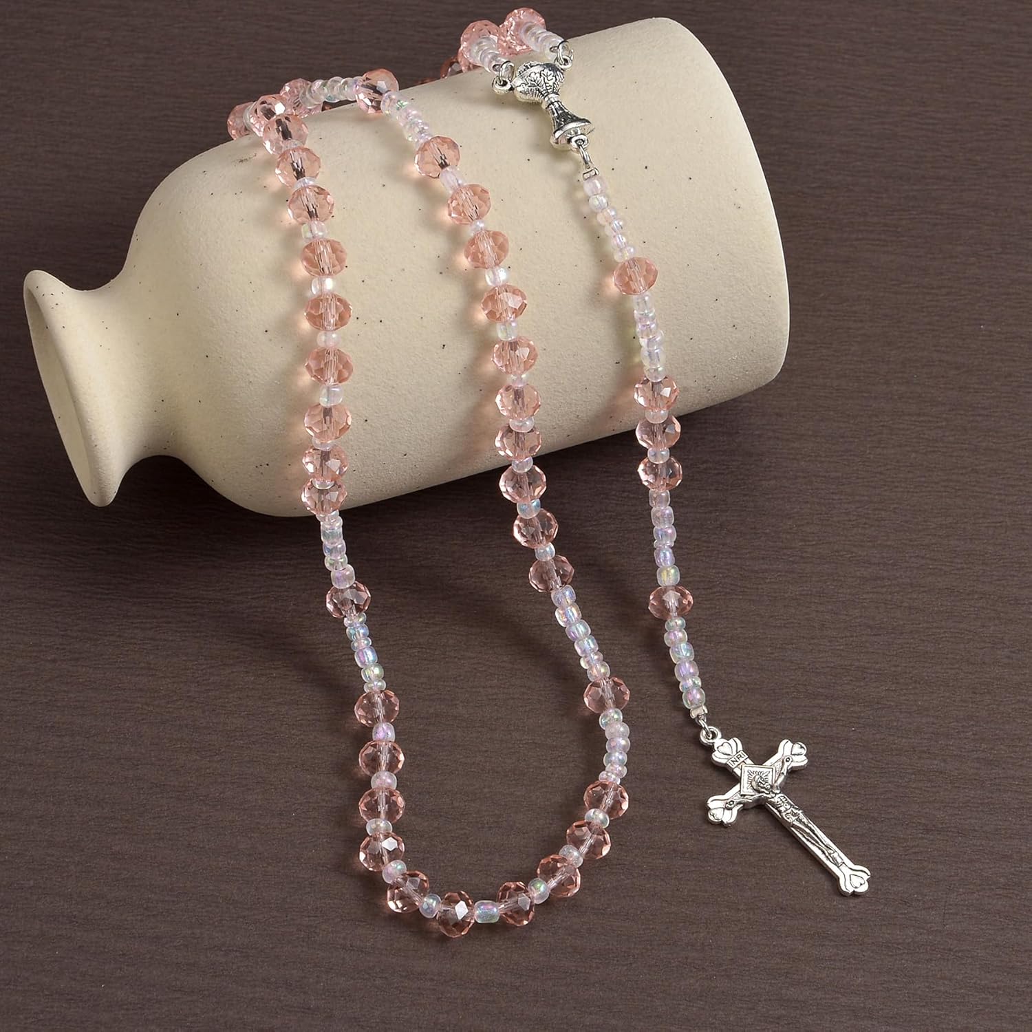 Bead Rosary Necklace Alloy Beads String Crystal Golden Chain Luxuriant Jewelry Spiritual Amulet with Crucifix Cross First Baptismt Gift for Women Girls - Image 5